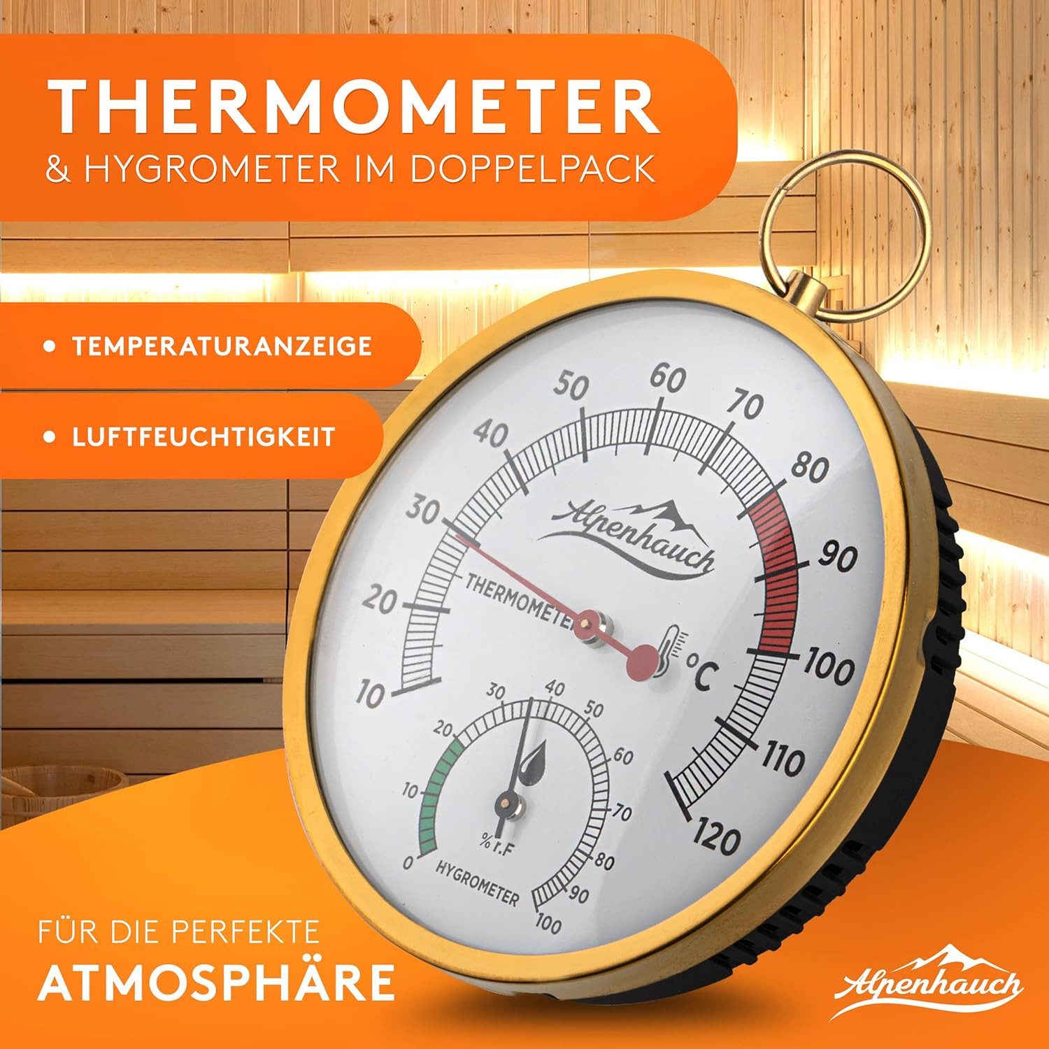 Alpenhauch Hygrometer & Thermometer aus Kupfer [2in1] - Präzieses Saunathermometer, Kupfer-& Edelstahlgehäuse, gehärtetes Glas, automatische Kalibrierung – Bild 3 von 5