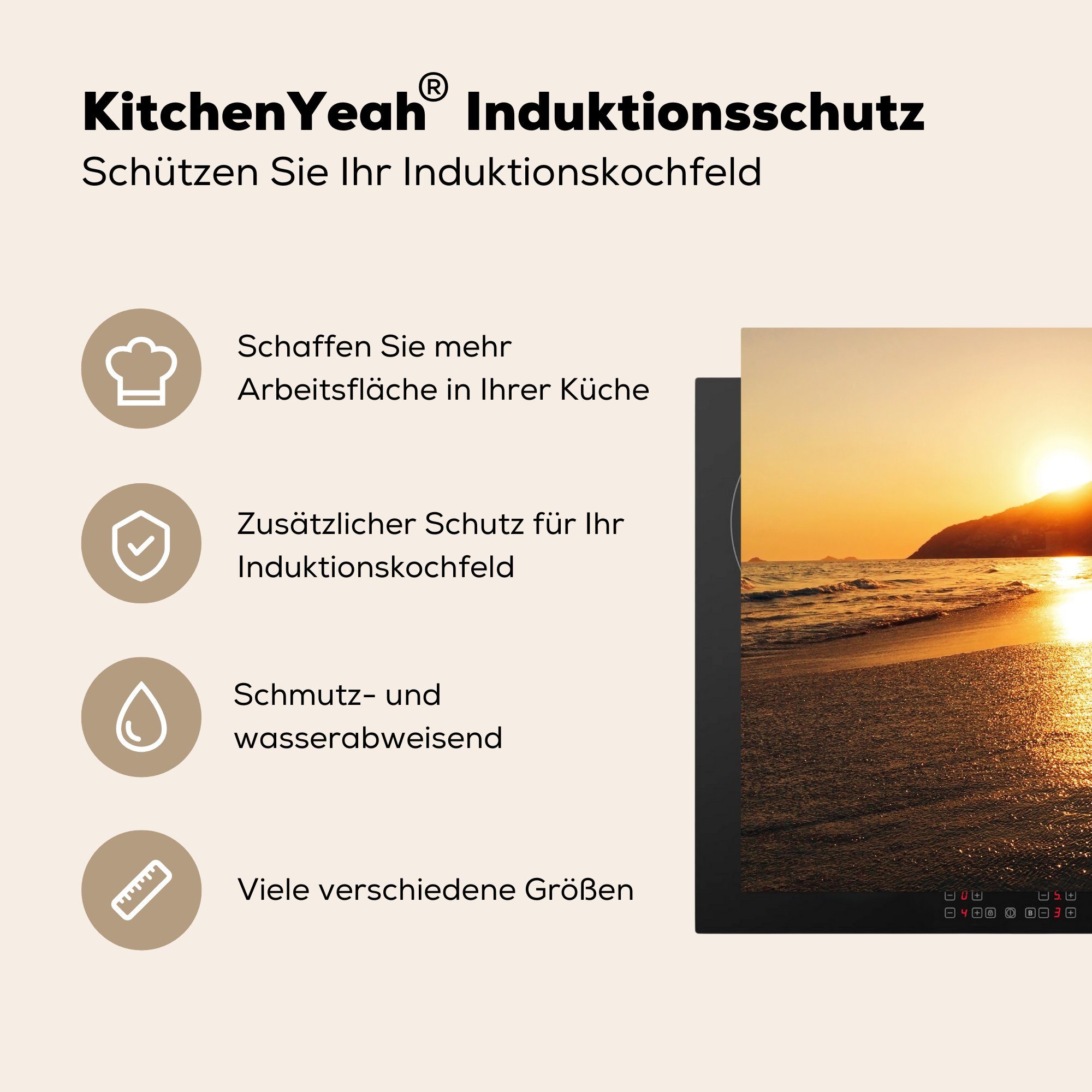 MuchoWow Herdblende-/Abdeckplatte Die Sonne verschwindet in, Berg nutzbar, Mobile Arbeitsfläche dem Ipanema (1 von cm, tlg), hinter am Ceranfeldabdeckung 70x52 Vinyl, Strand