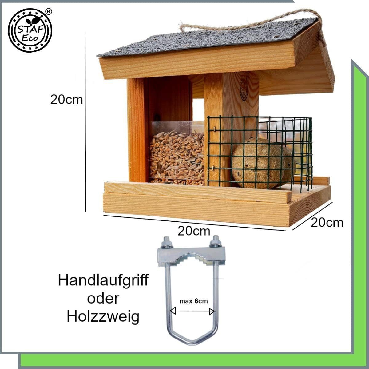 Stafeco Vogelhaus Vogelfutterhaus für Balkon und Garten Futterhaus Handarbeit, Verschiedene Modelle Mit/Ohne aufklappbares Dach Handarbeit Naturholz