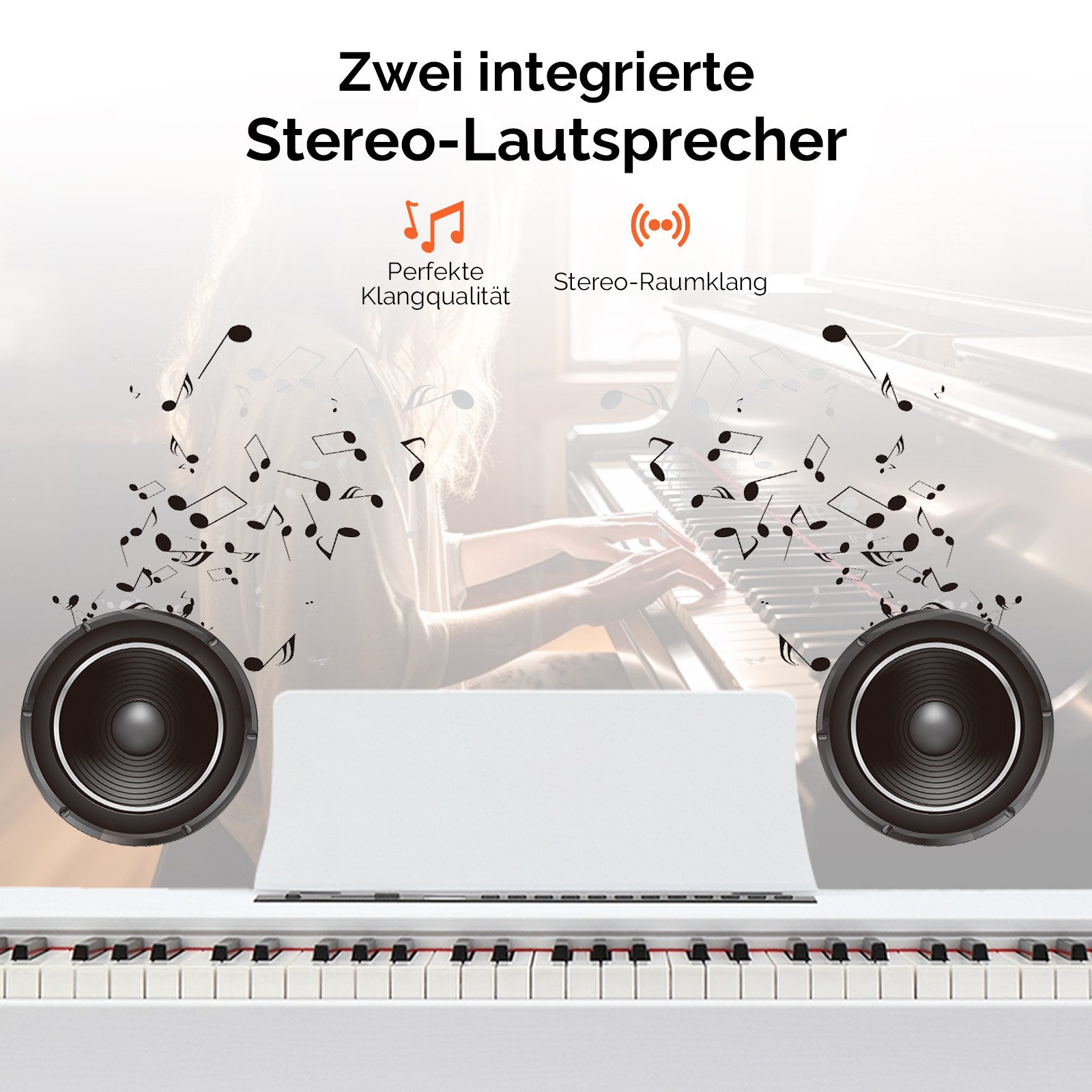 VINGLI Digitalpiano GDP-104 E Piano 88 Tasten, vollgewichtete Tastaturen, Dual Bluetooth, Digitalpiano mit Klavierständer, Weiß/Schwarz/Schwarznussbraun – Bild 4 von 5