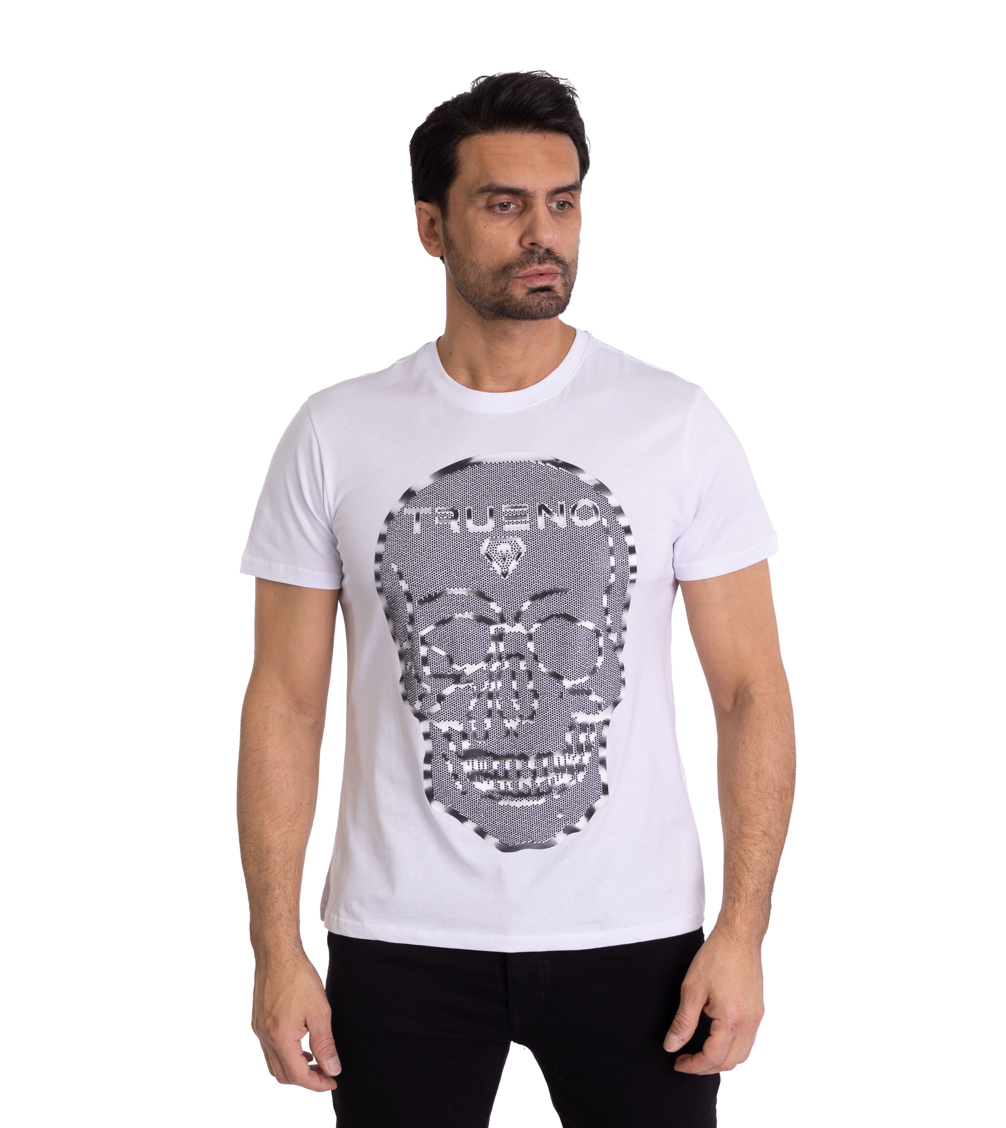 TRUENO T-Shirt Herren Totenkopf Strass T-Shirt mit 3D Look Weiß M