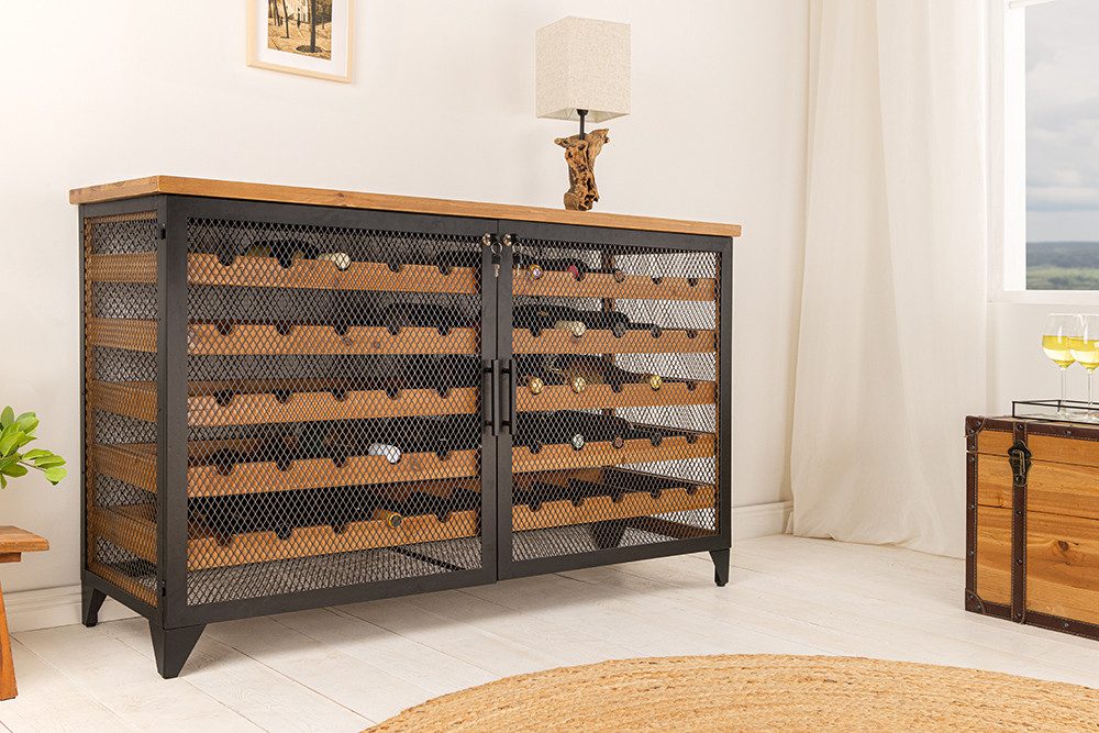 riess-ambiente Weinschrank BODEGA 127cm natur/schwarz - Tanne, Metall, f. 55 Flaschen, Industrial (Einzelartikel, 1-St) Weinboard aus Massivholz - ideal f. Wohnzimmer, Keller oder Barbereich
