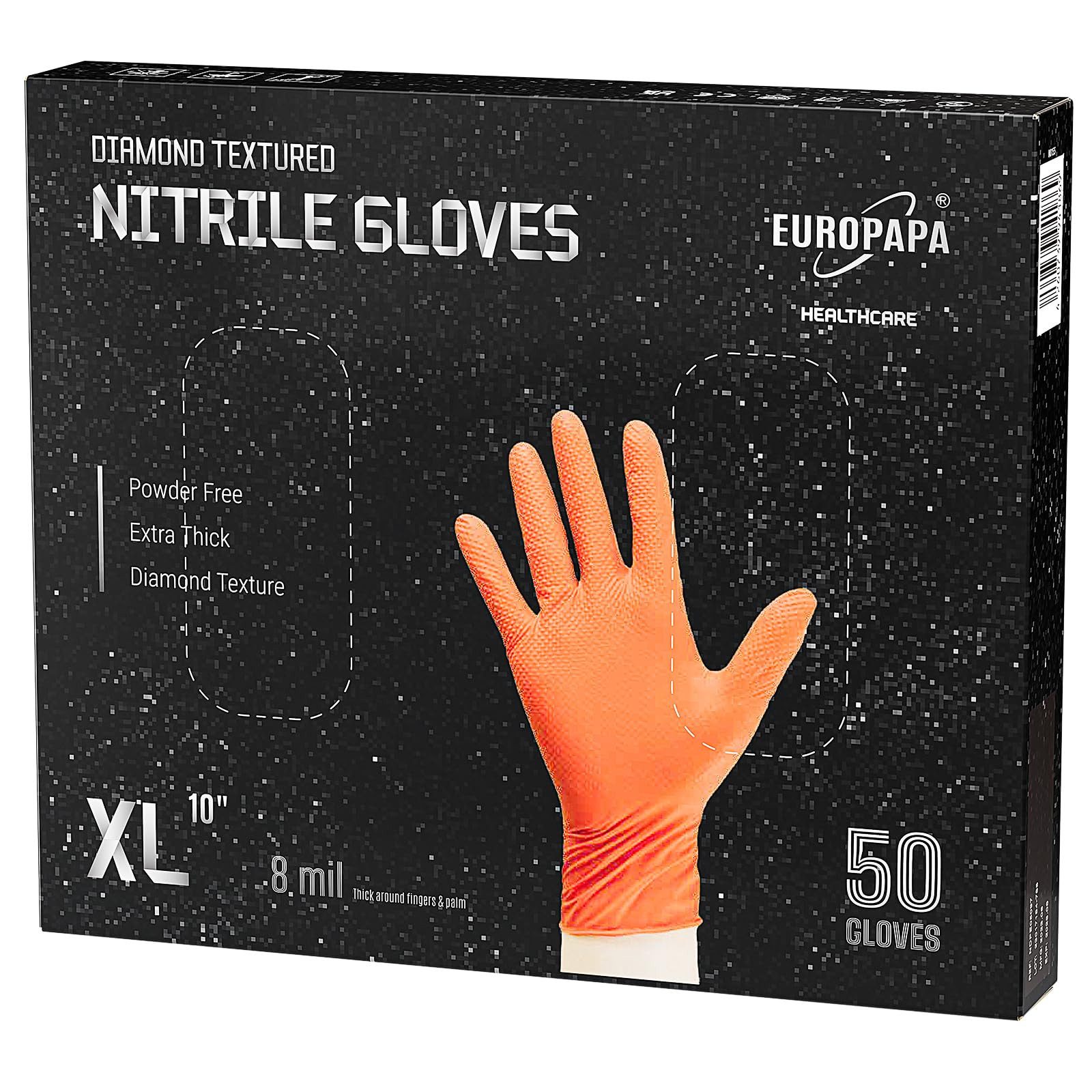 EUROPAPA Einweghandschuhe Nitril-Handschuhe Medical Einmalhandschuhe Untersuchungshandschuhe (extra Dicke Nitrilhandschuhe Diamant Grip, 50-St., unsteril latexfrei disposible gloves) Resistente al taglio, antistrappo, senza lattice, senza talco