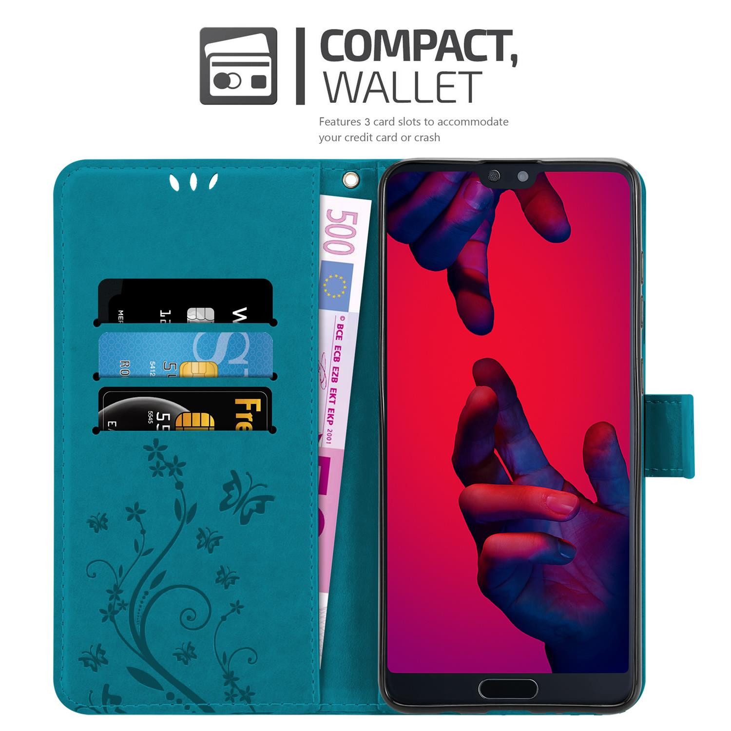 Cadorabo Handyhülle für Huawei P20 PRO / P20 PLUS Hülle Huawei P20 PRO / P20 PLUS, Hülle Schutzhülle Blumen Flower mit Standfunktion Kartenfach Magnet