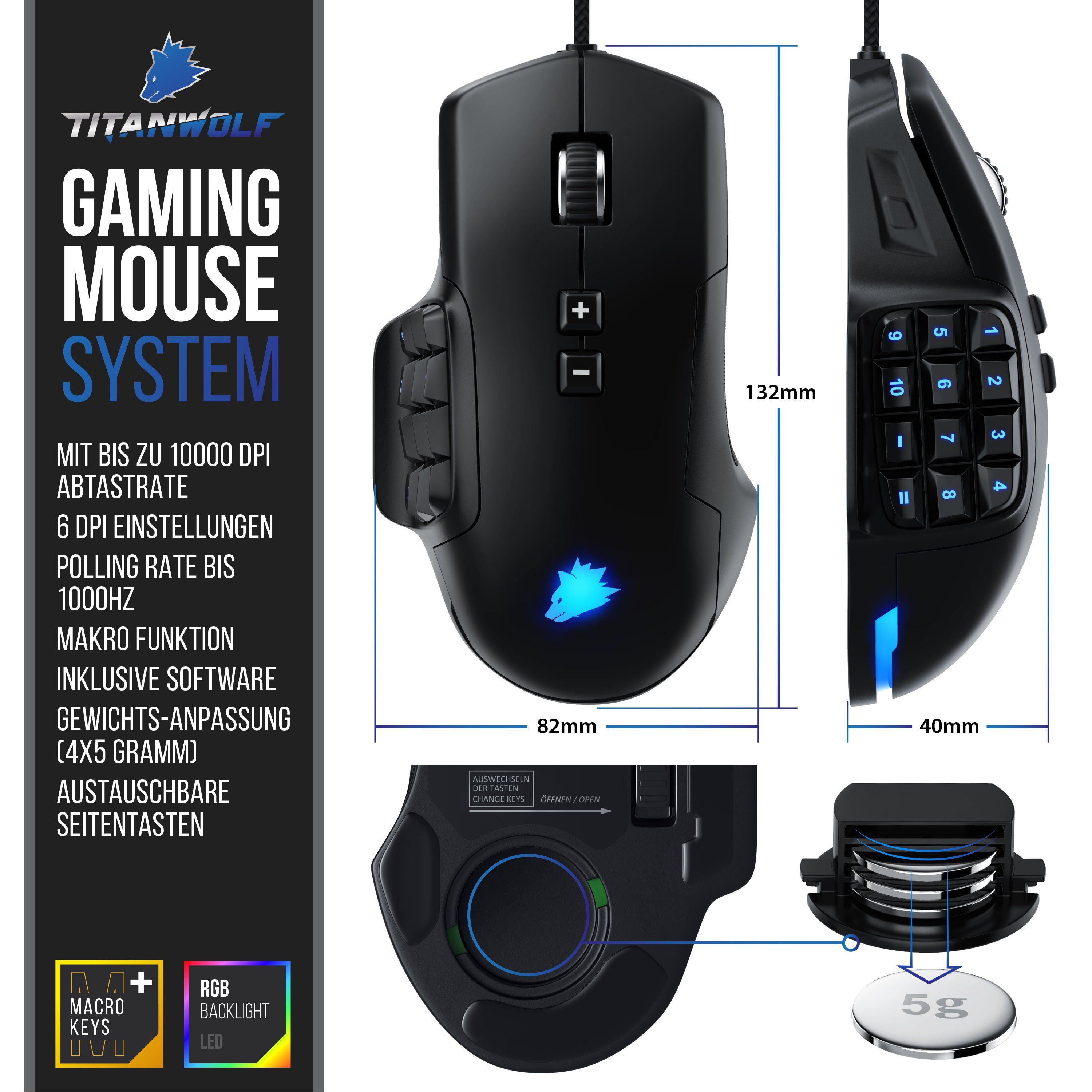 / Gaming Titanwolf dpi) MMO dpi, Tasten 10000 Gaming-Maus (kabelgebunden, 1000 "System" Auswechselbare Maus Daumen