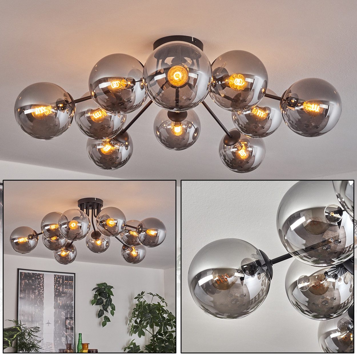 hofstein Deckenleuchte Deckenlampe aus Metall/Glas in Schwarz/Rauchfarben, ohne Leuchtmittel, modernes Design mit Glasschirm (15 cm), 10 x E14, ohne Leuchtmittel