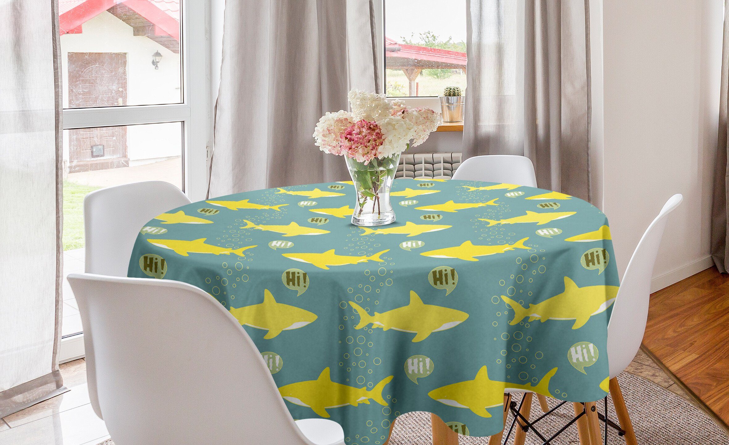 Abakuhaus Tischdecke Kreis Tischdecke Abdeckung für Esszimmer Küche Dekoration, Hai Freundliche gelbe Fische