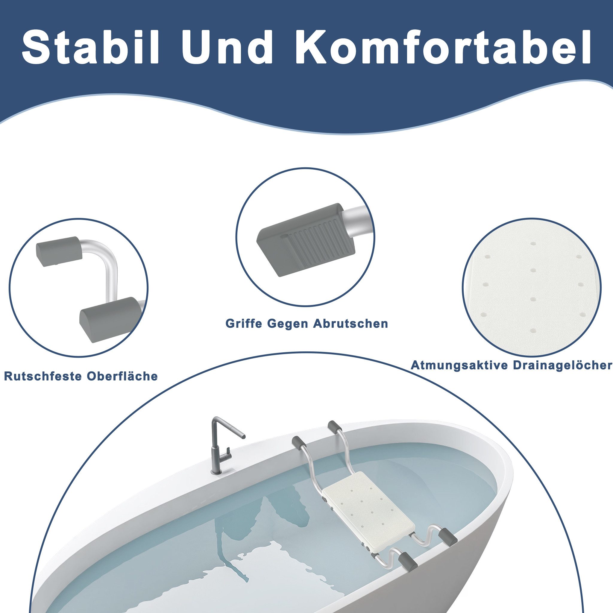 FIVMEN Badewannensitz Badewannenbretter Senioren, rutschfest Wannensitz Ausziehbare 72-82cm, Sitzbrett Badewannenablage Sitzbrett für Badewanne