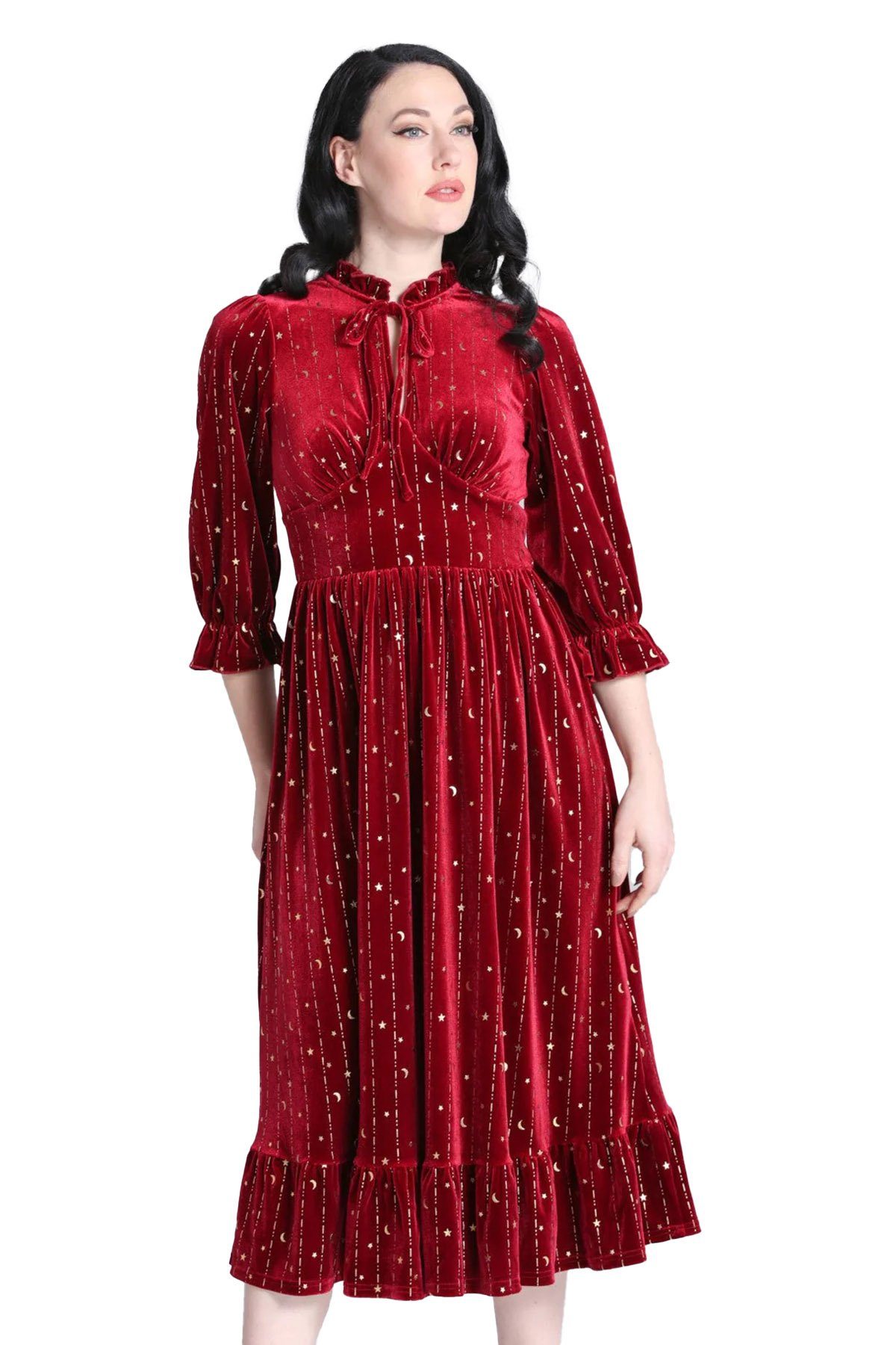 Hell Bunny A-Linien-Kleid Galactica Samt Dress Rot Gothic Sterne Mond günstig online kaufen