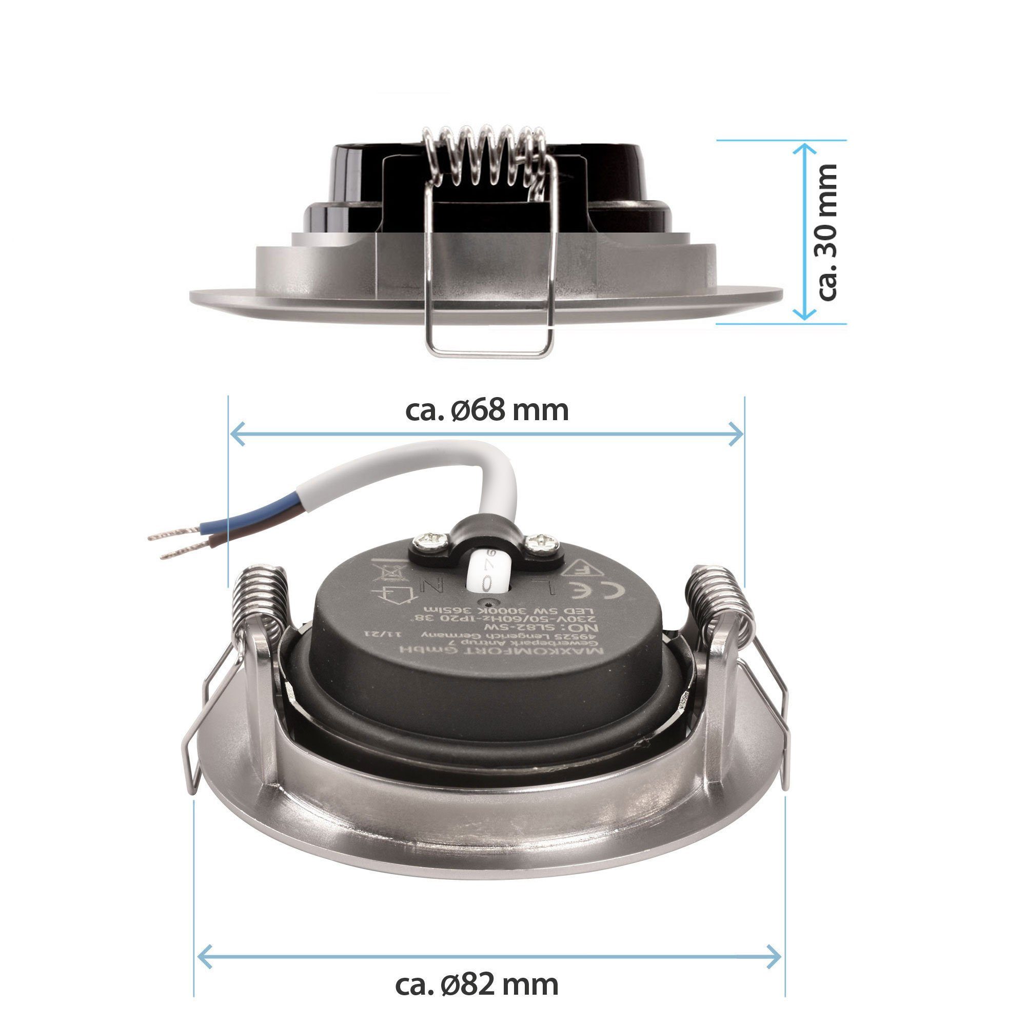 Maxkomfort LED Einbaustrahler 6er Set, Einbauleuchten Bad IP44, Warmweiß, ultraflach, Ø82x30mm, LED fest integriert, Warmweiß, 3000K, IP44 Einbauspots Decke, 230V, 5W, 365lm, 6er Set