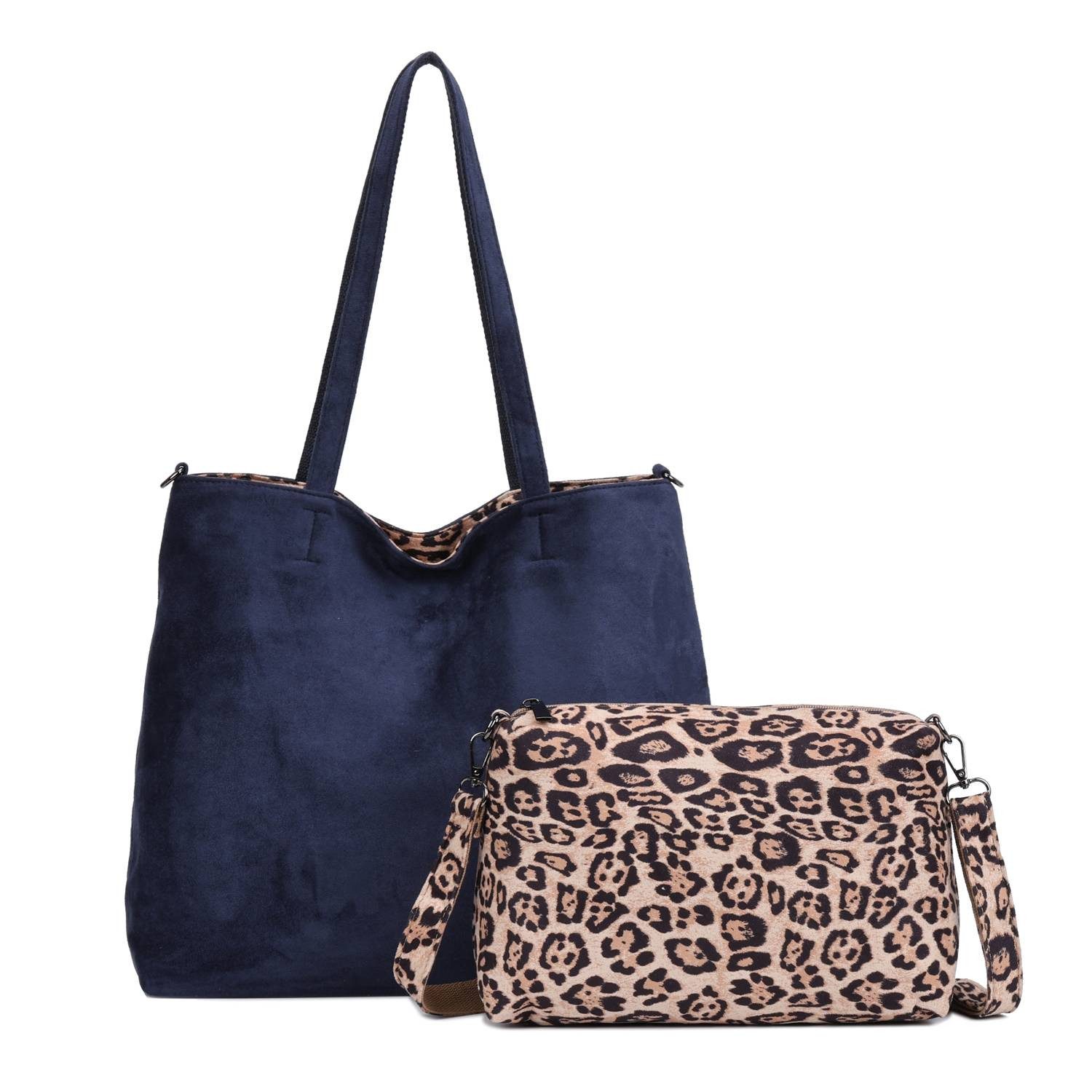 ITALYSHOP24 Schultertasche XL Damen Tasche Set 2in1 Shopper Tote Bag Crossbody Velours CrossOver (Spar-Set 2 in1 Hobo + Crossbody Bag / Schmucktasche, Leichtgewicht, Wildleder Optik), Leopard Umhängetasche Body Bag Beuteltasche Freizeit Henkeltasche Samt