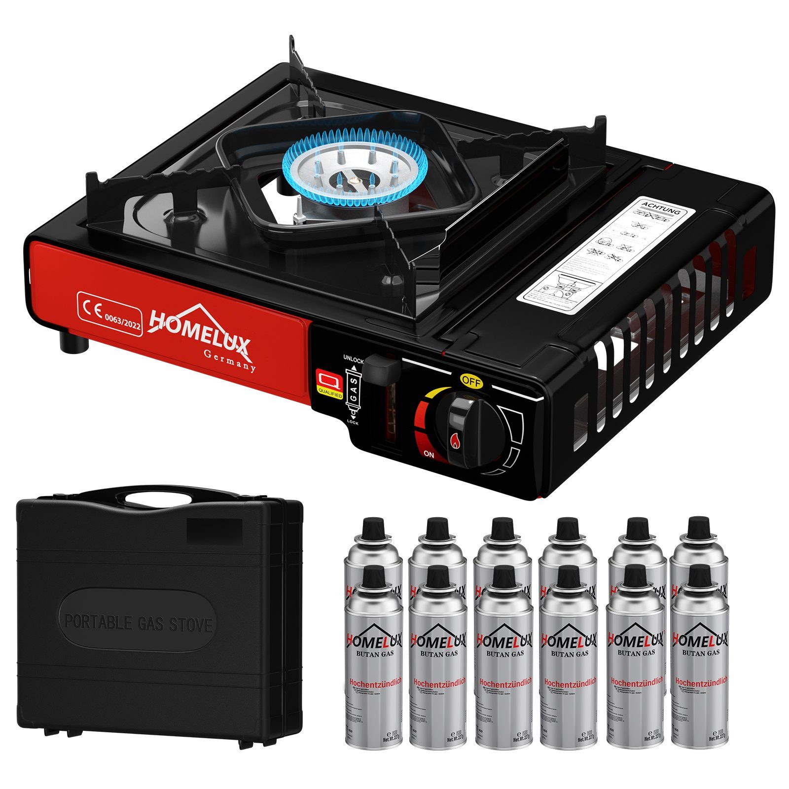 HOMELUX Gaskocher Campingkocher Gaskocher 2,2KW+227g Gaskartuschen Camping Kocher, (12-St), 2,2 KW