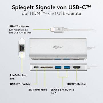 Goobay USB-Verteiler USB-C Multiport Adapter (5 Gbit/s Übertragungsrate, 4K @ 60 Hz), Anschlüsse 1x USB-C / 2x USB-A / 1x HDMI / 1x RJ45 / 1x SD Card Reader