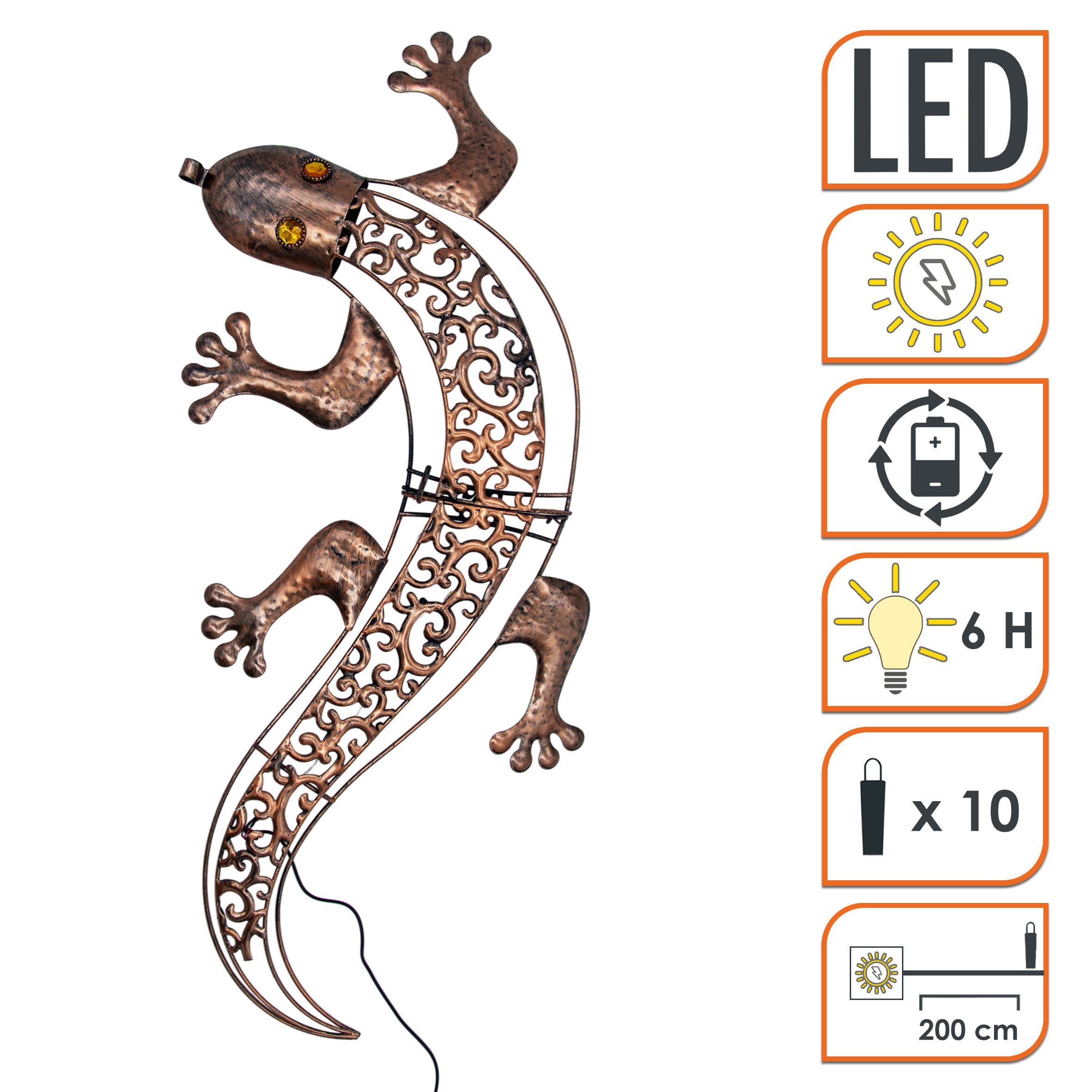 Spetebo LED-Dekofigur Solar Metall Wandbild Gecko in bronze mit 10 LED - 69 x 36 cm (Anzahl, 1 St., Stück), mit Dämmerungssensor