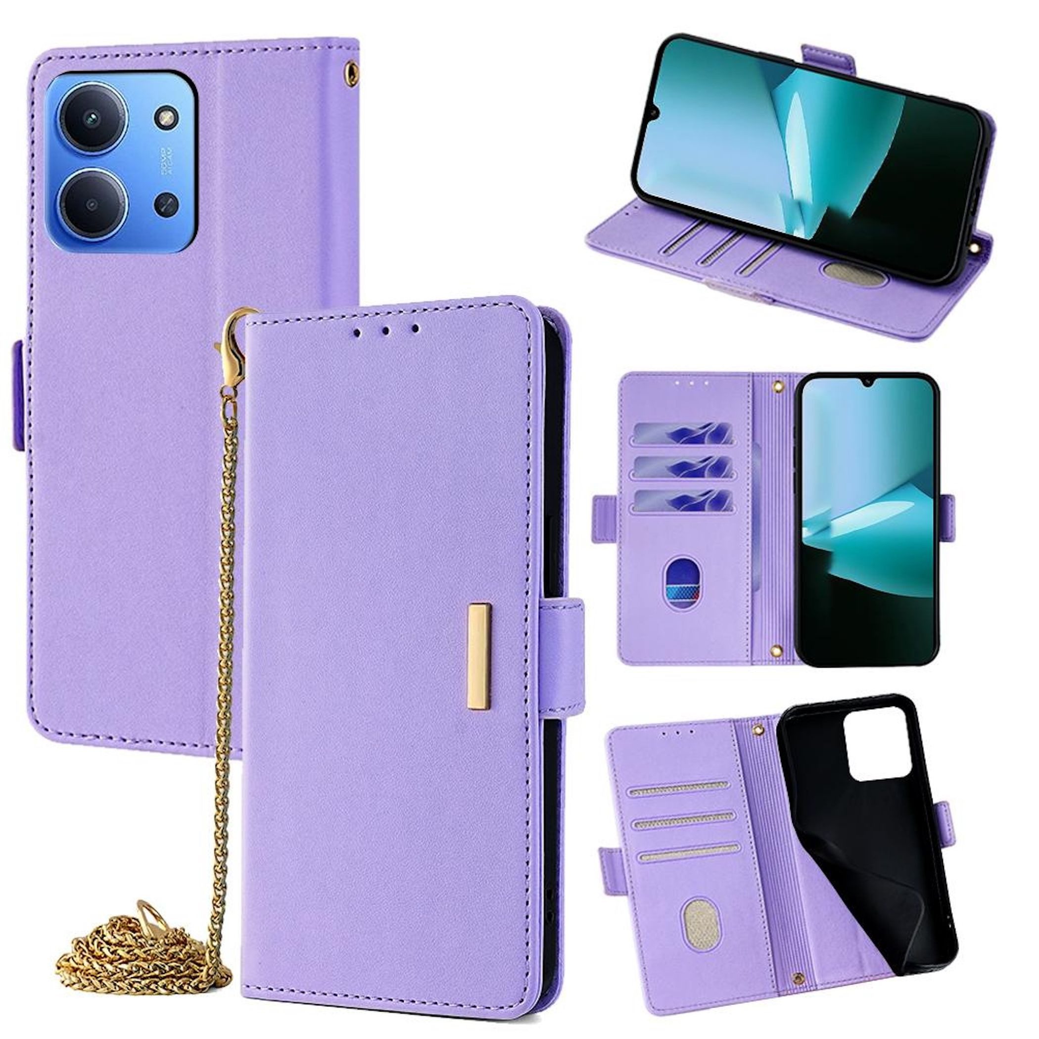 Wigento Handyhülle Für Xiaomi Redmi 15C 5G / 4G Crossbody Kunstleder Wallet Hülle Lila, RFID-Schutz, Crossbody-Kette, Kartenfächer