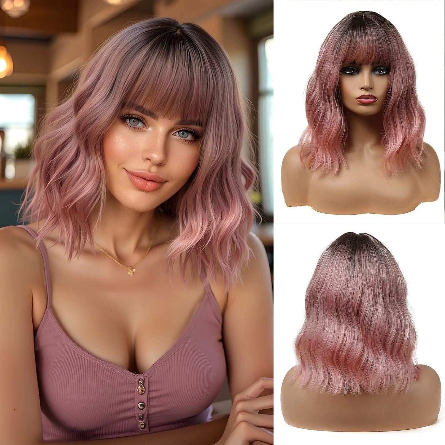 LuxusKollektion Kunsthaarperücke Perücke 14 Zoll Kurz Pony Synthetisch Damen Gewellt Cosplay Ombre Rosa
