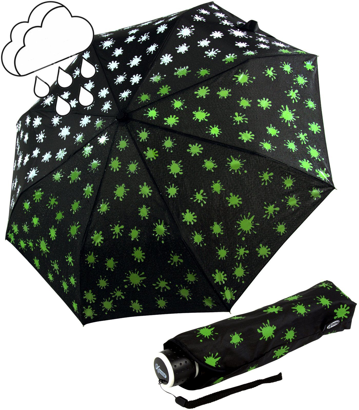 iX-brella Taschenregenschirm Mini Ultra Light - mit großem Dach - extra leicht, Farbänderung bei Nässe - Farbkleckse neon-grün schwarz-weiß-neongrün | Taschenschirme