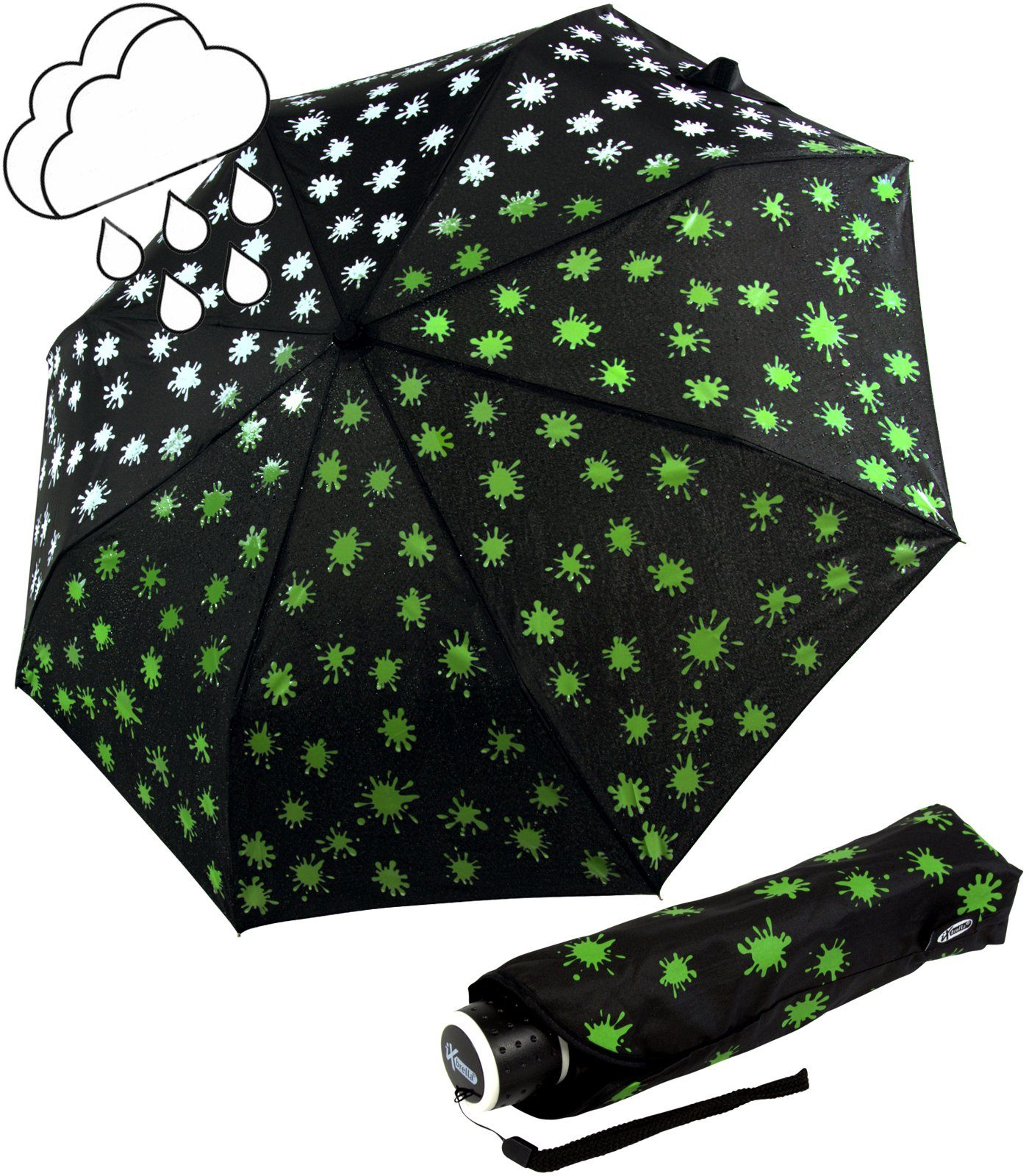 leicht, iX-brella - Mini Farbkleckse - - Farbänderung Ultra Taschenregenschirm bei extra Dach Nässe mit schwarz-weiß-neongrün neon-grün großem Light