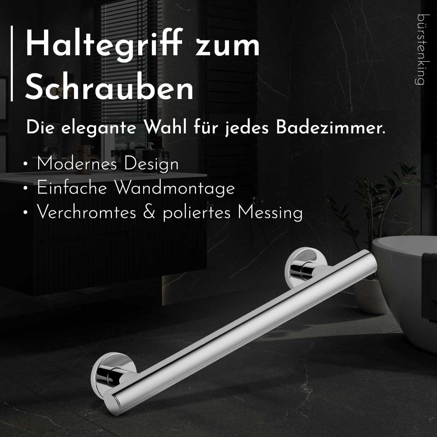 Bürstenking Badewannengriff Haltegriff Dusche Duschgriff Senioren 400 mm Bad & Wannengriff, belastbar bis 150 kg, Chrom aus massivem Messing Ø 32 mm