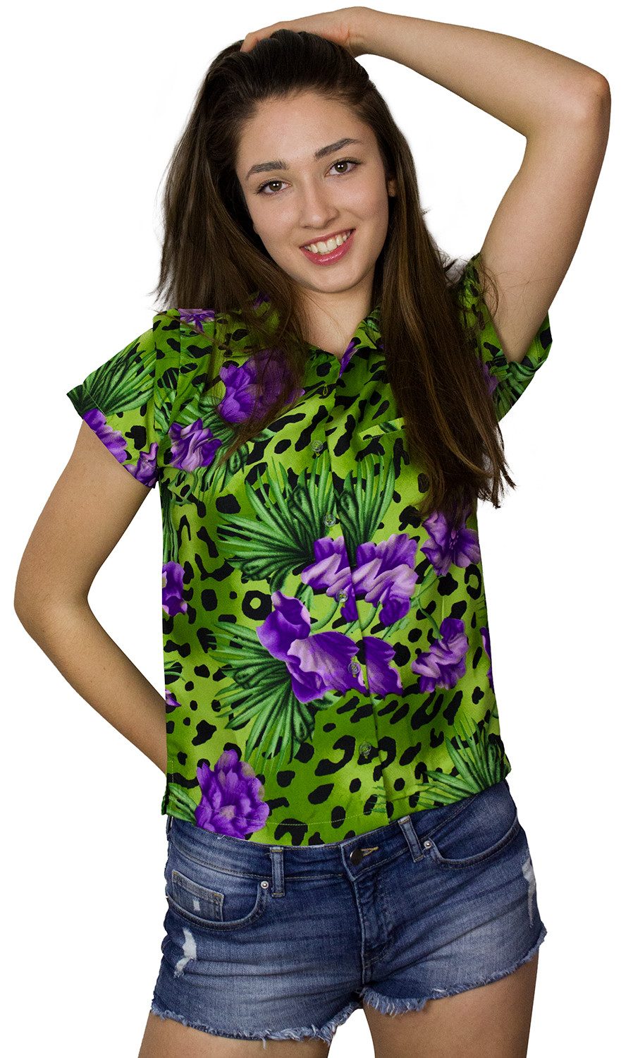 King Kameha Hawaiihemd Leopard Flowers Funky Hawaiibluse Damen Kurzarm Front-Tasche Stylish
