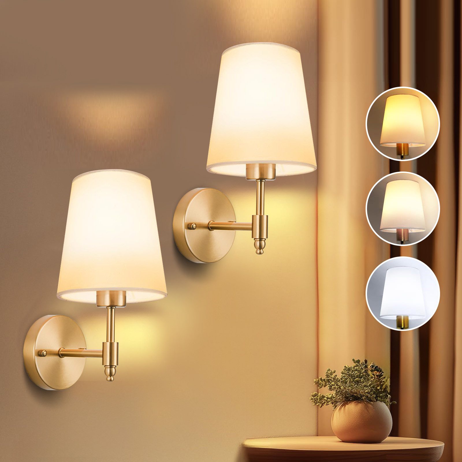 Sunicol Wandleuchte Wandleuchte Innen LED Dimmbar, 3 Farbtemperaturen, Stoffschirm, LED wechselbar, E27 Gold Wandlampe mit Glühbirne für Schlafzimmer Wohnzimmer