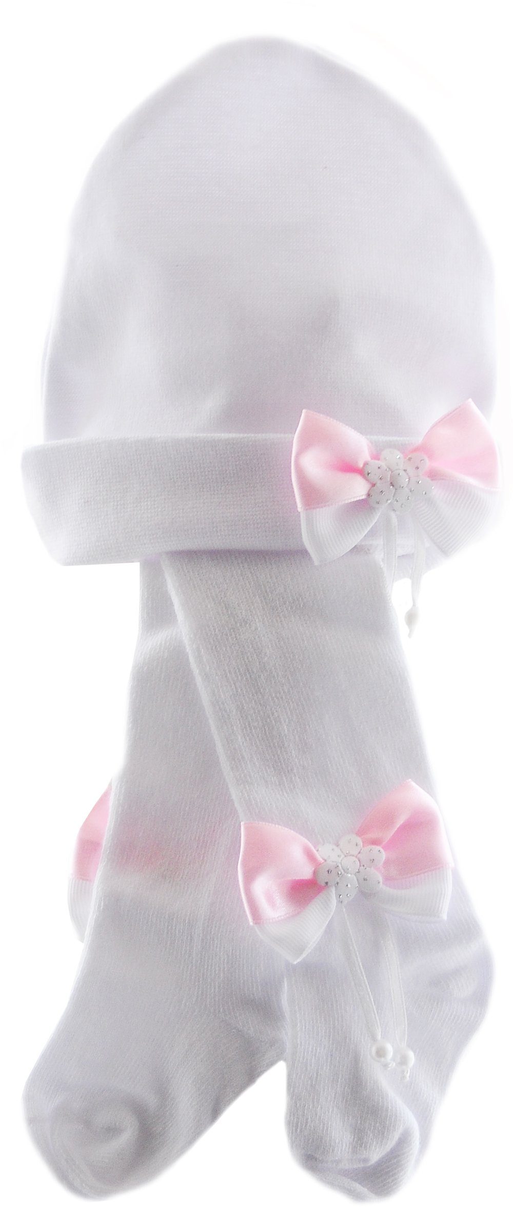 La Bortini Strumpfhose Strumpfhose Mütze Set für Baby Kinder in Weiß mit Schleifchen elastisch, festlich, 44 50 56 62 68 74 80 86