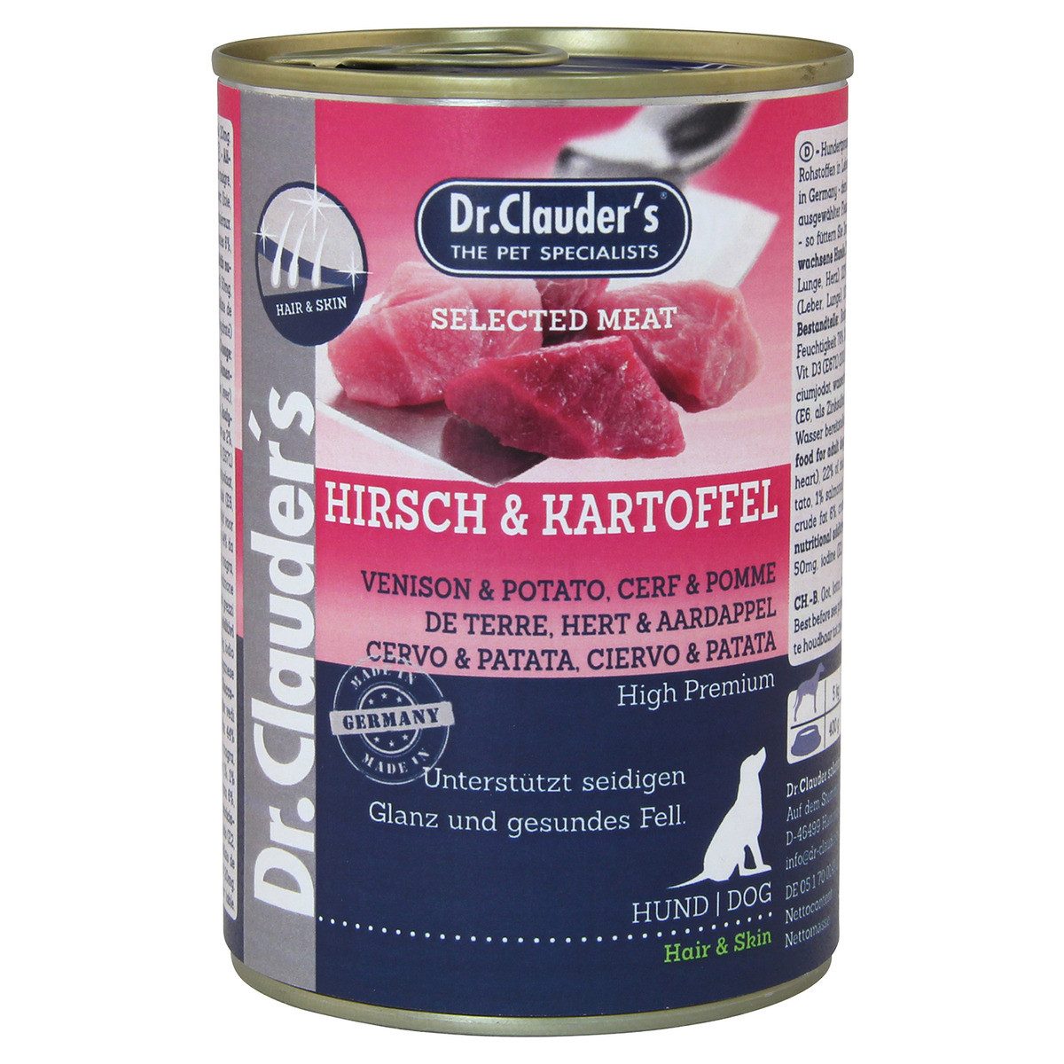 Dr. Clauder's Selected Meat mit Hirsch & Kartoffel 400 g - 6 Stück, Nassfutter für: Hund