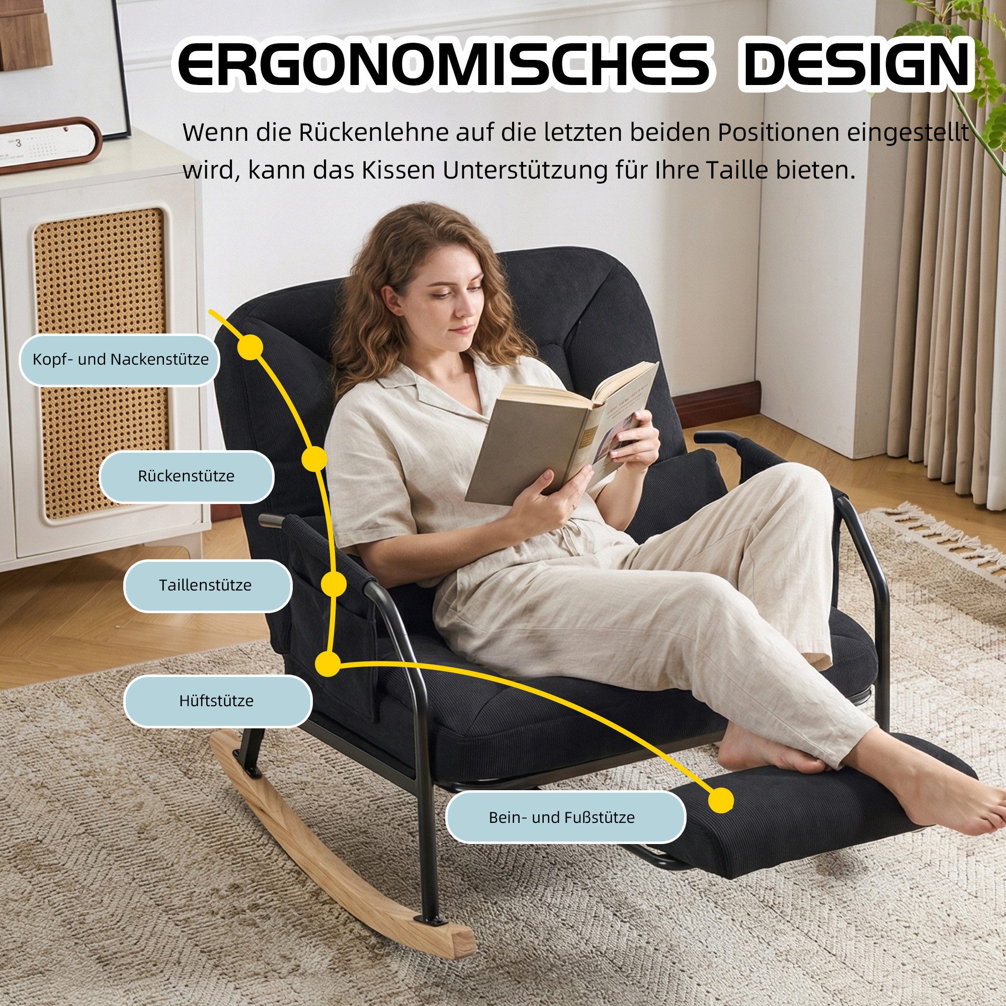 Leawin Schaukelstuhl Leawin großer Schaukelstuhl mit Liegefunktion & Fußstütze, Verstellbarer Relax-Schaukelstuhl mit breitem Sitz & Kissen