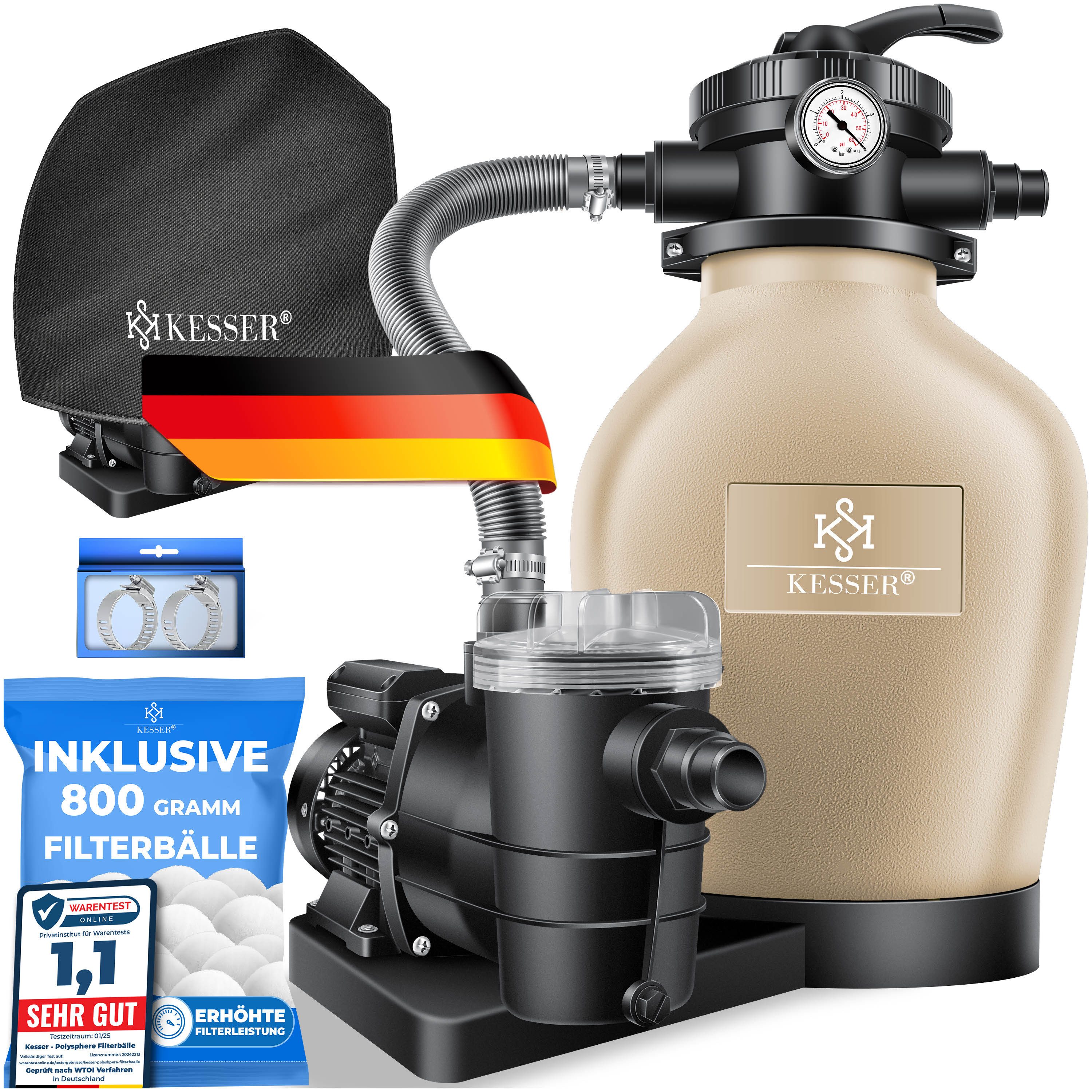 KESSER Sandfilteranlage Sandfilter mit Pumpe & 800g Filterbälle 10 m³/h Filteranlage für Pools, Poolfilter Set inkl. Wettercover, 7-Wege Ventil mit Druckanzeige