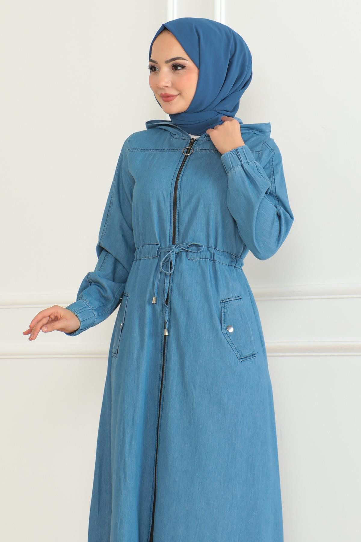 MODAMİHRAM Maxikleid Dunkelblaue Denim-Tunika mit Schnürdetail günstig online kaufen