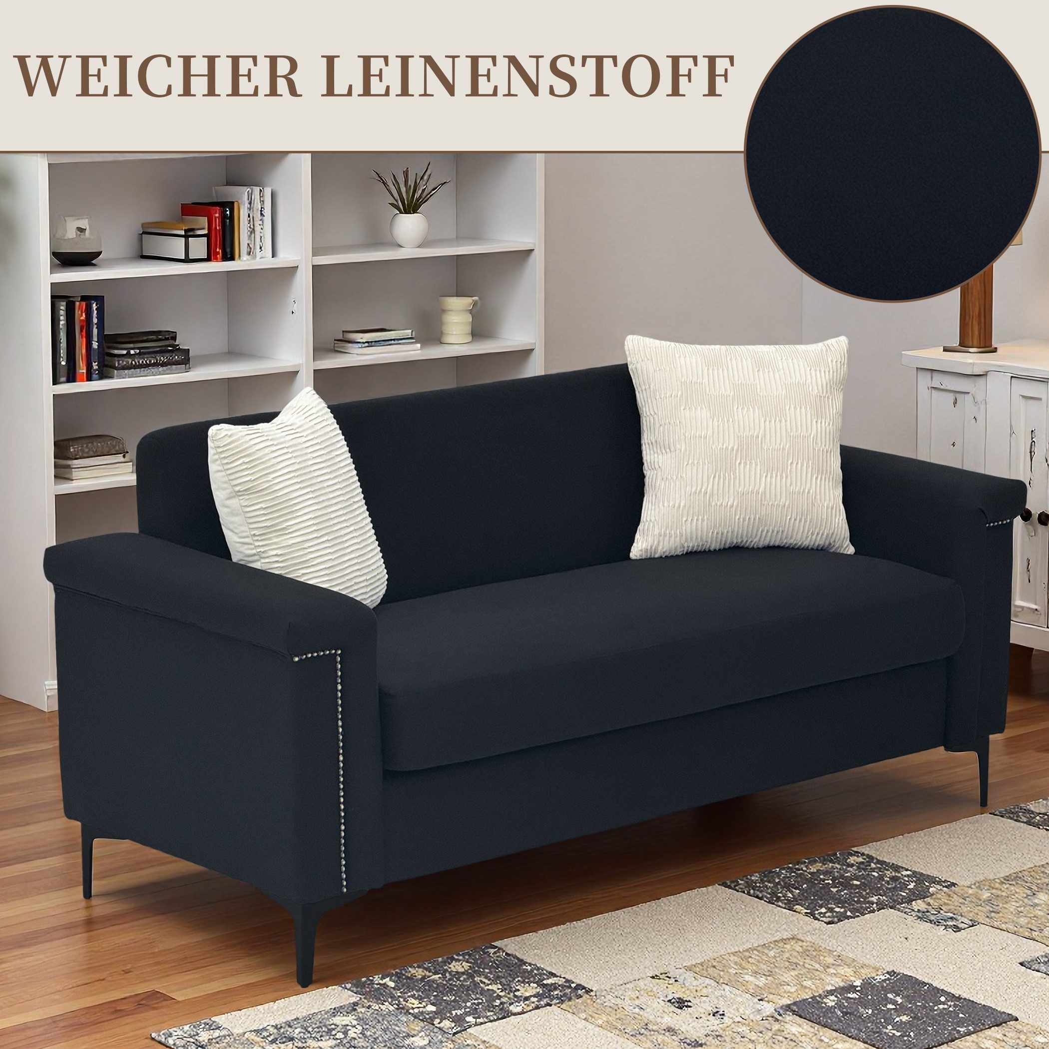 SeedWave Sofa 2 Sitzer Sofa mit Sitzbreite 134cm, Leinenbezug, Nietenverzierung, 2 Zierkissen, Sitzkissen mit federkern & hochelastischem Schaumstoff