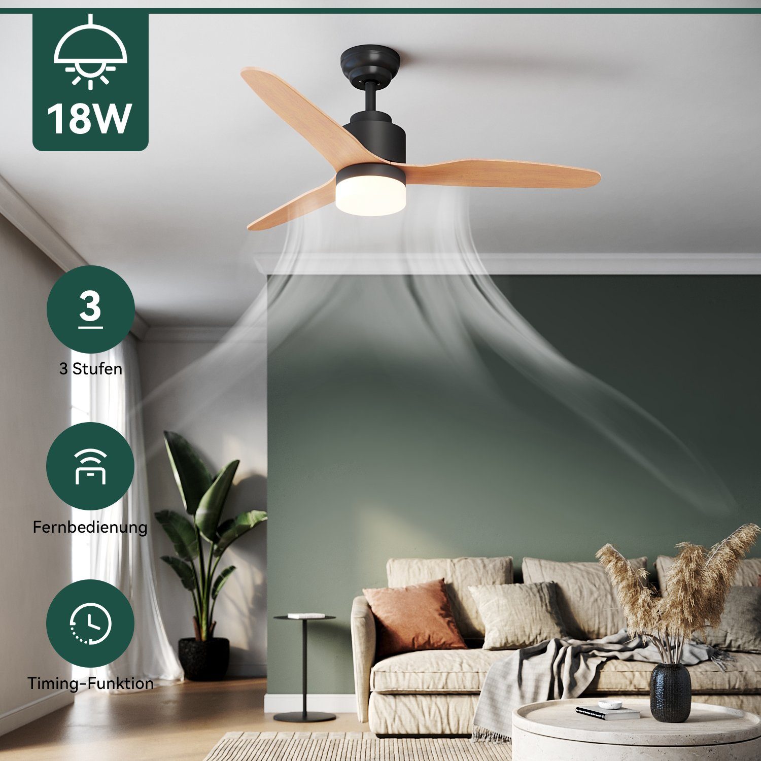 SONNI Deckenventilator 119 cm, 3 Flügel, 3 Leistungsstufen, leise mit  Beleuchtung dimmbar, Intelligente Zeiteinstellung, Fernbedienung gesteuert