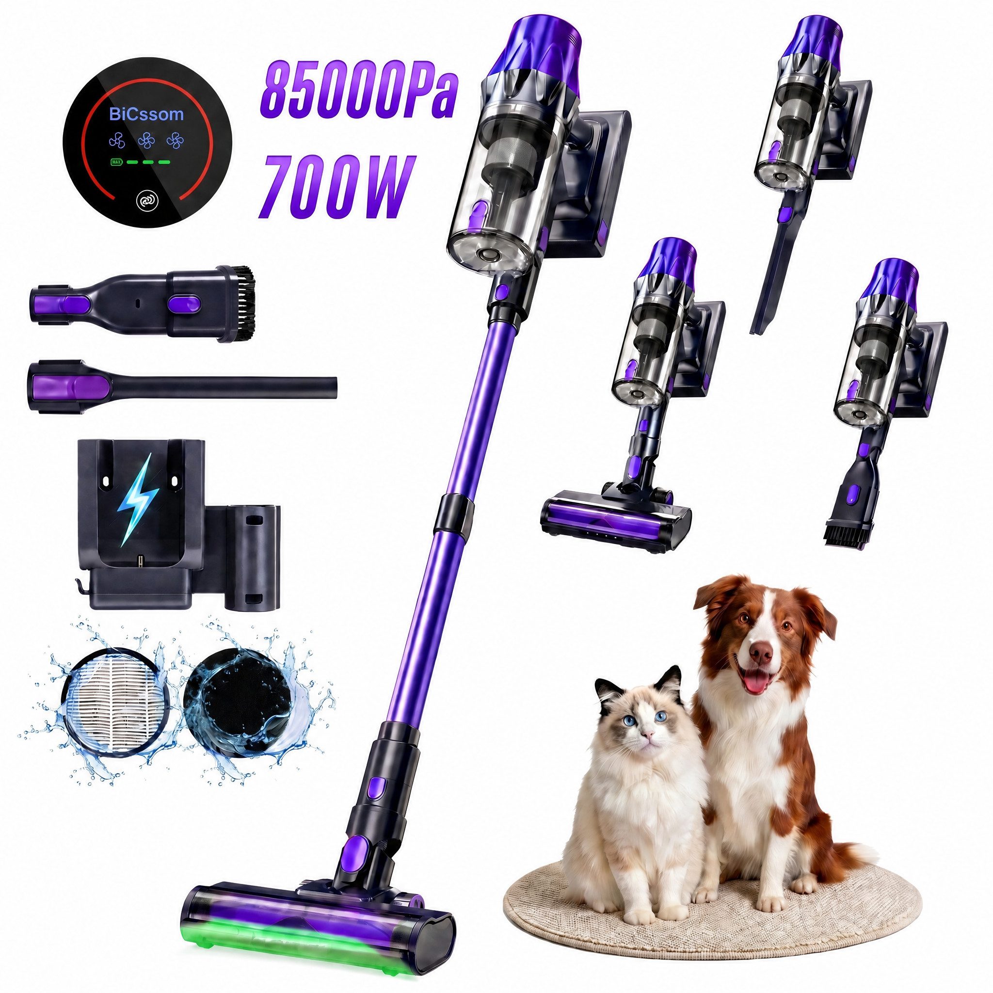 Blossom Akku-Hand-und Stielstaubsauger Akku Staubsauger Staubsauger Kabellos 85000Pa/70Min/2,1L, 700 W, beutellos, 52dB leise/6-Stufen-Filter/OLED Display,Ideal für Böden/Teppiche/Auto