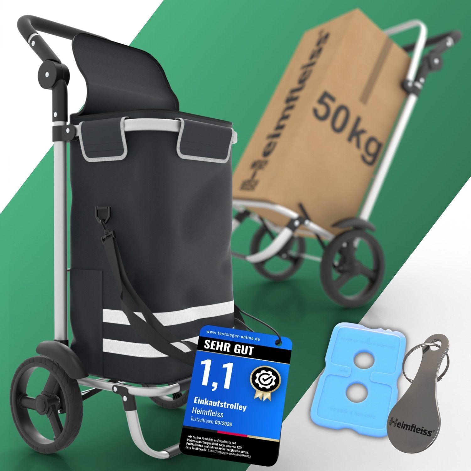 Heimfleiss® Einkaufstrolley Einkaufswagen klappbar Hackenporsche Kühlfach, 56 l, wasserdichte Tasche nur 2,5 kg