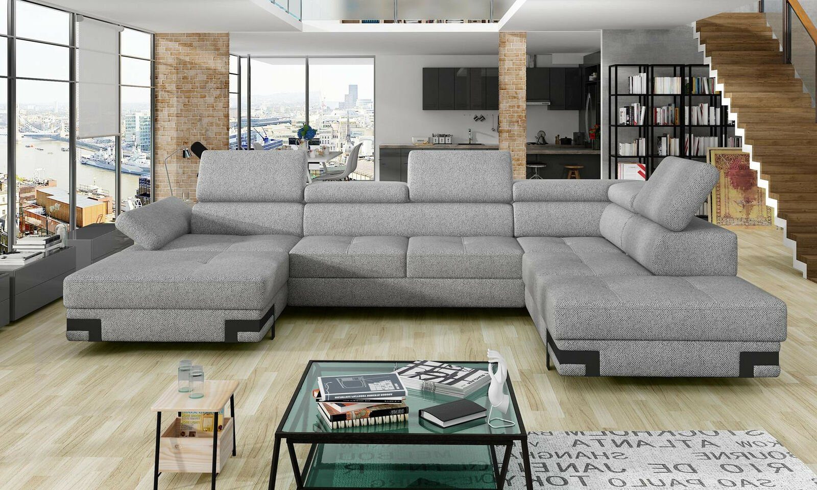 JVmoebel Ecksofa Stoff Ecksofa U-Form Sofa Couch Design Polster Modern Textil, Made in Europe Grau