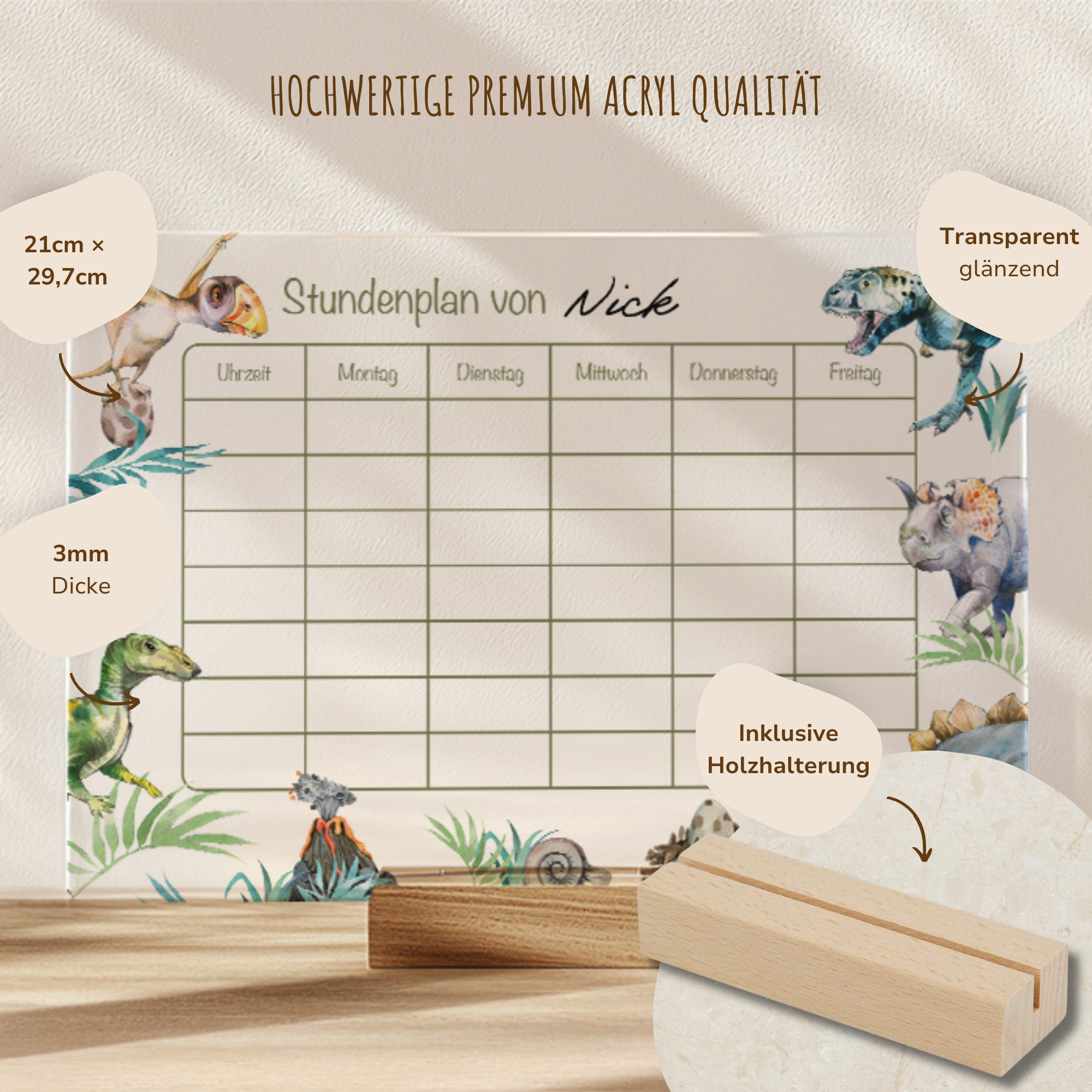 MeinBaby123® Schreibtischkalender Einschulung, Stundenplan Acrylglas transparent, Stundenplan abwischbar, Schulanfang Geschenk, inkl. Holzhalterung – Bild 5 von 5
