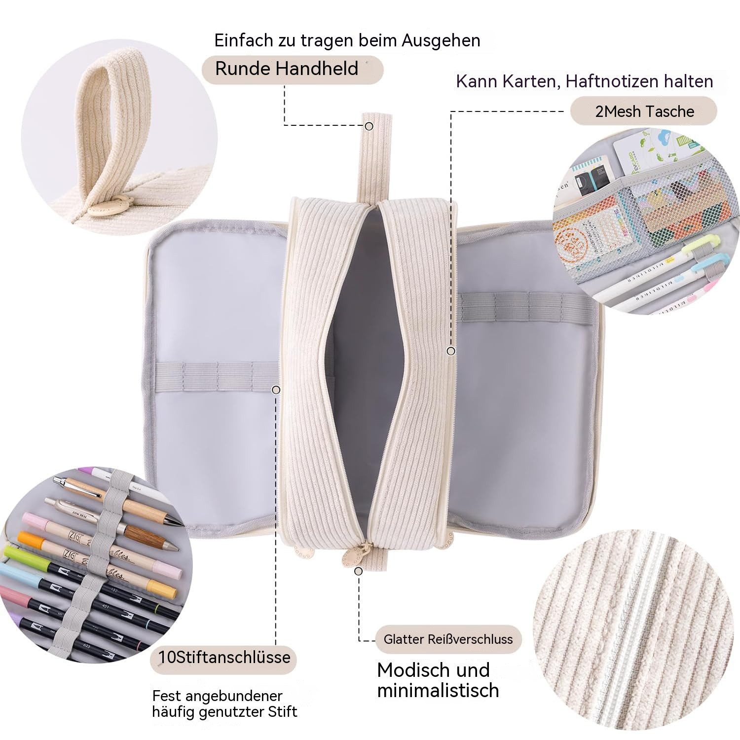 nsihing Federmäppchen Federmäppchen aus Cord-Stoff Federtaschen Mäppchen mit 3 Fächer, Schulmäppchen Große Kapazität Stiftetasche Pencil Case für Schule&Büro – Bild 4 von 5