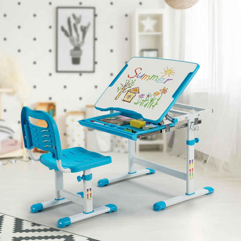 COSTWAY Kinderschreibtisch, mit Stuhl, neigbare Tischplatte, höhenverstellbar