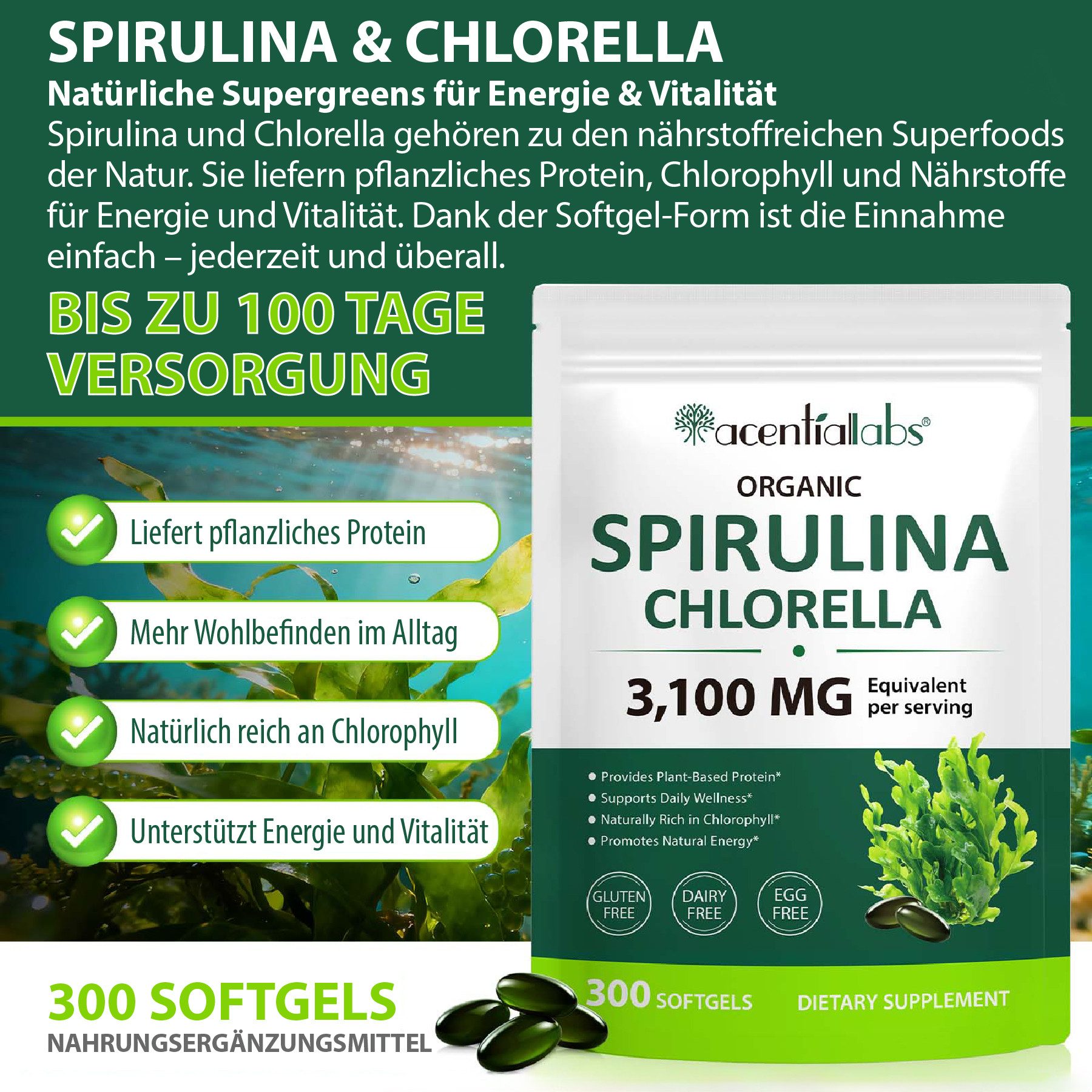 Acentiallabs Spirulina Chlorella Softgels Mineralien 300 Kapseln 3100 mg Vegan Kapseln, Superfoods, Nahrungsergänzungsmittel, Spirulina