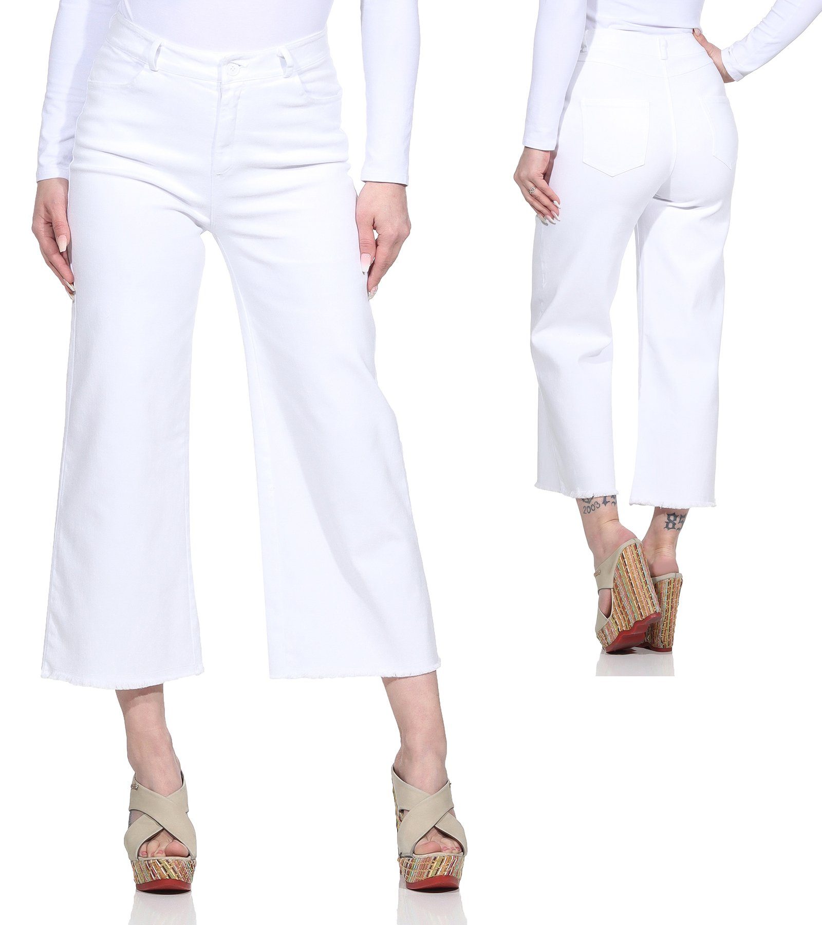 Gürtelschlaufen, Damenmode knöchelfrei, 100% Damen Baumwolle Weiß Jeans Leg Weite Jeans mit Wide Aurela für Culotte