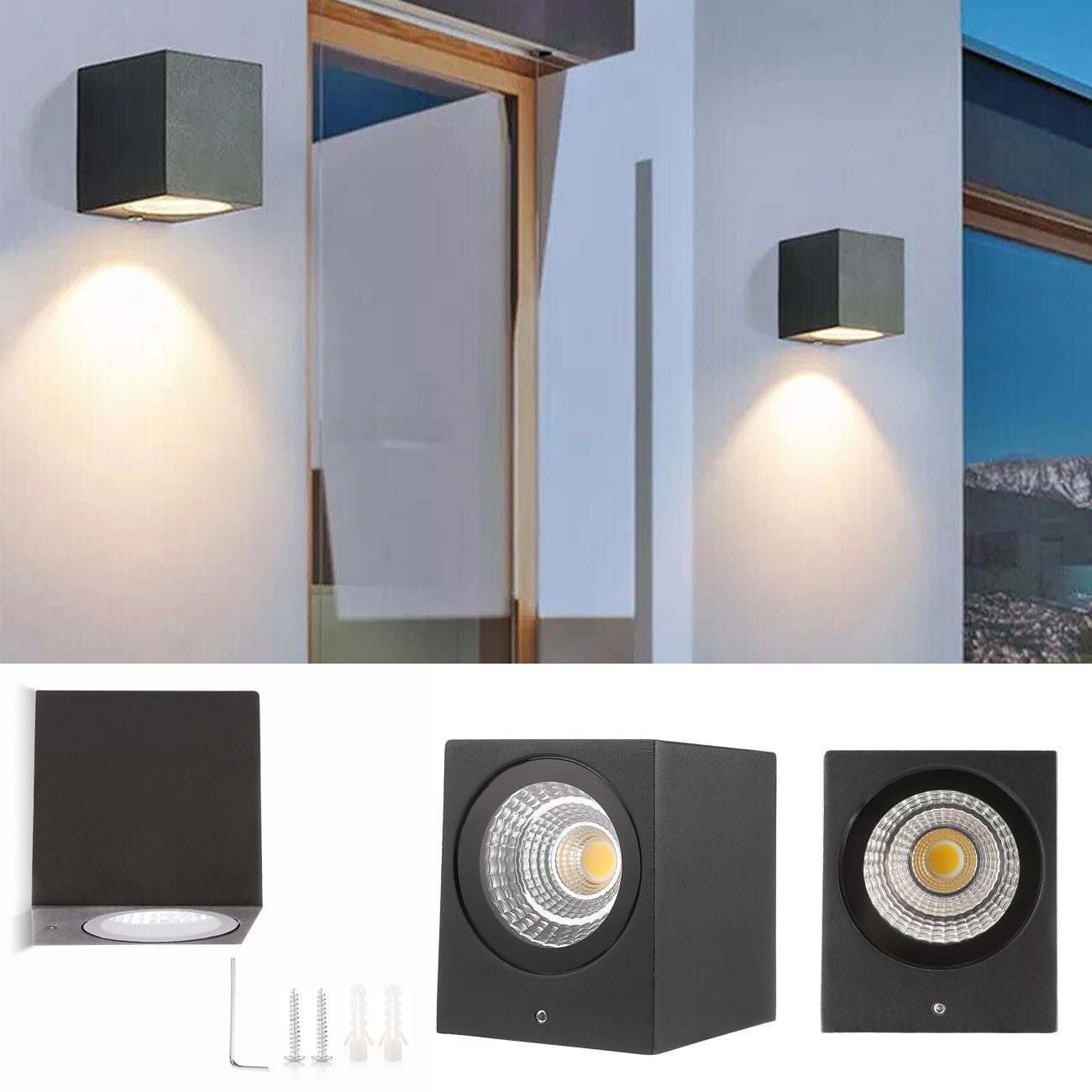 LETGOSPT Wandleuchte LED Schwarz 1 Warmweiß, Außenleuchte Wandlampe Strahler, Stücke IP54 GU10 Balkon, LED für Gehweg Wandleuchte, Mit Wand-Spot Wasserdichte, wechselbar