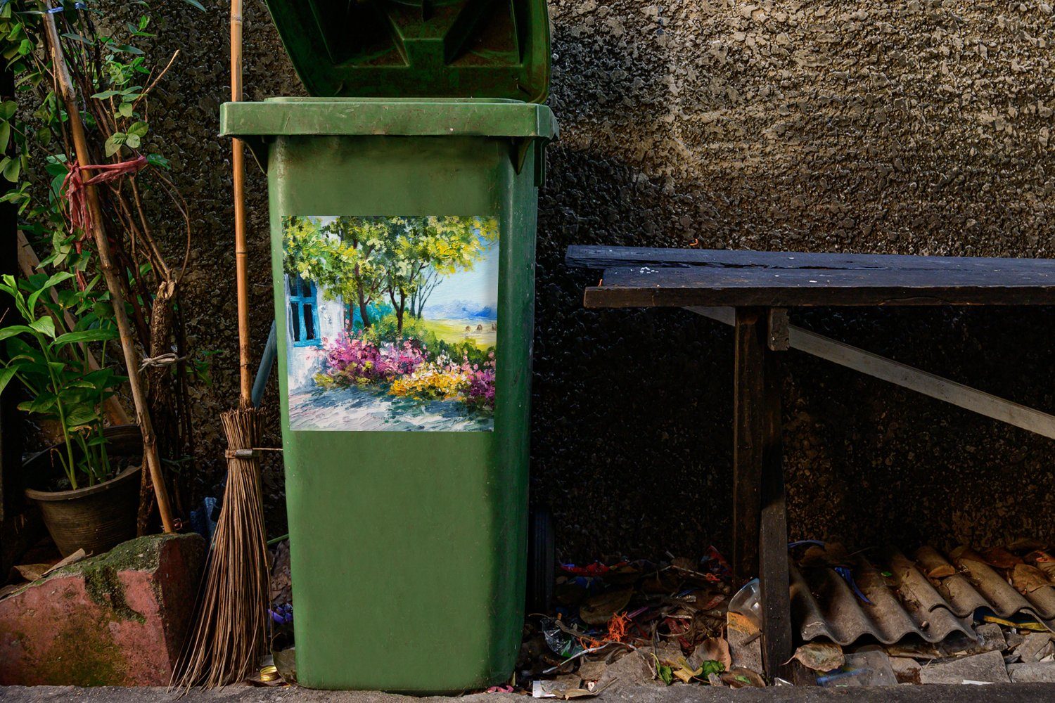 MuchoWow Wandsticker Malerei - Pflanzen Haus Container, - Mülleimer-aufkleber, Blumen - Abfalbehälter (1 Sticker, Öl Mülltonne, St), 