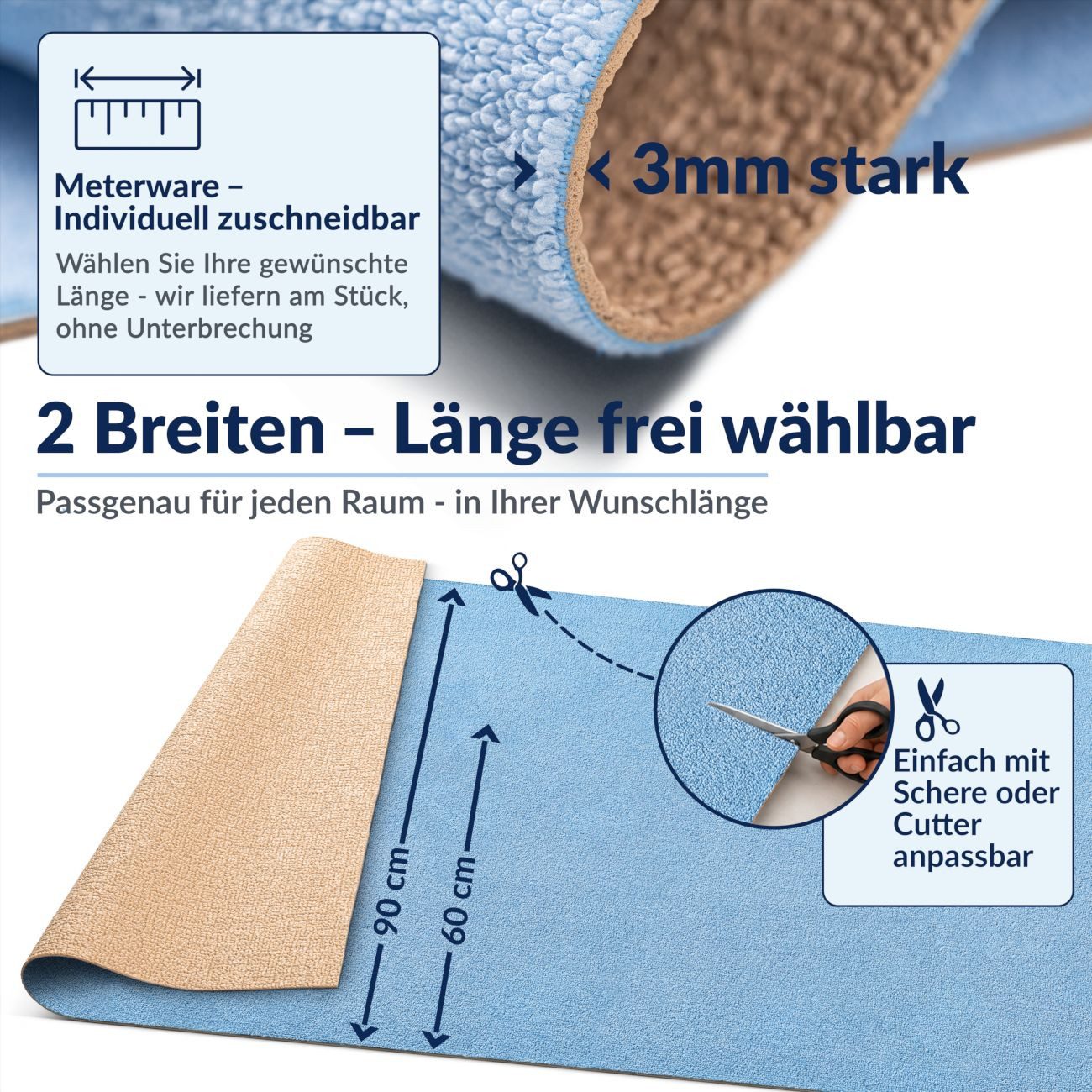 ANRO Küchenläufer HomeLoop Meterware Mikrofaser Küchenmatte rutschhemmender Rücken, Rechteckig, Höhe: 3 mm, saugstark zuschneidbar Größe: 100x60cm Einfarbig Blau