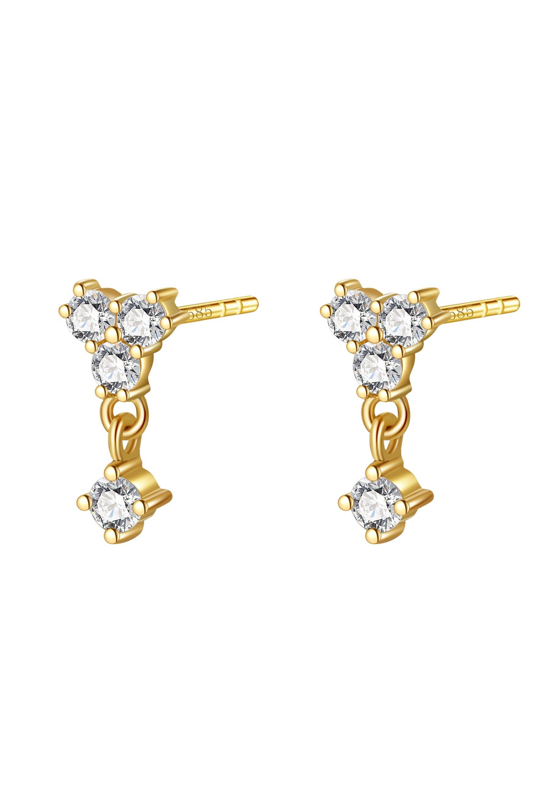 Dear Me Paar Ohrstecker Kristall Harmonie, 585 Gold für Damen, Winzige 14K Gold Ohrringe Trio Tropfen, Echtgold Schmuck