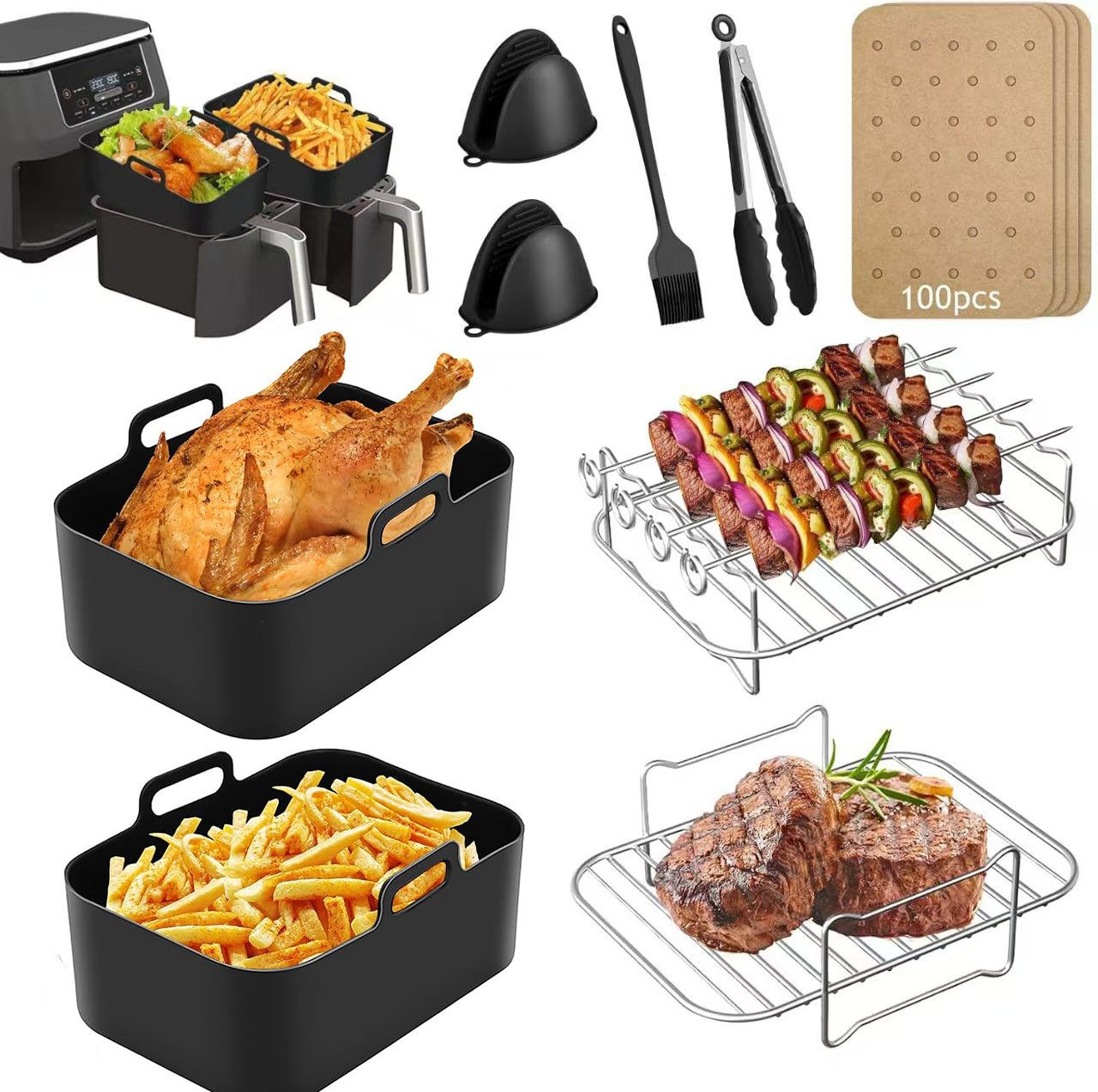 Refined Living Backform Airfryer Zubehör, Heißluftfritteuse Zubehör Set,Silikonformen,BPA-frei, (Heißluftfritteuse Zubehör Set 9-teilig, 100 Blatt Fettfreies BackpapierEdelstahl Rack, Spieße, Fritteusen Set, Dual-Zone Heißluftfritteuse Zubehör, Ideal für