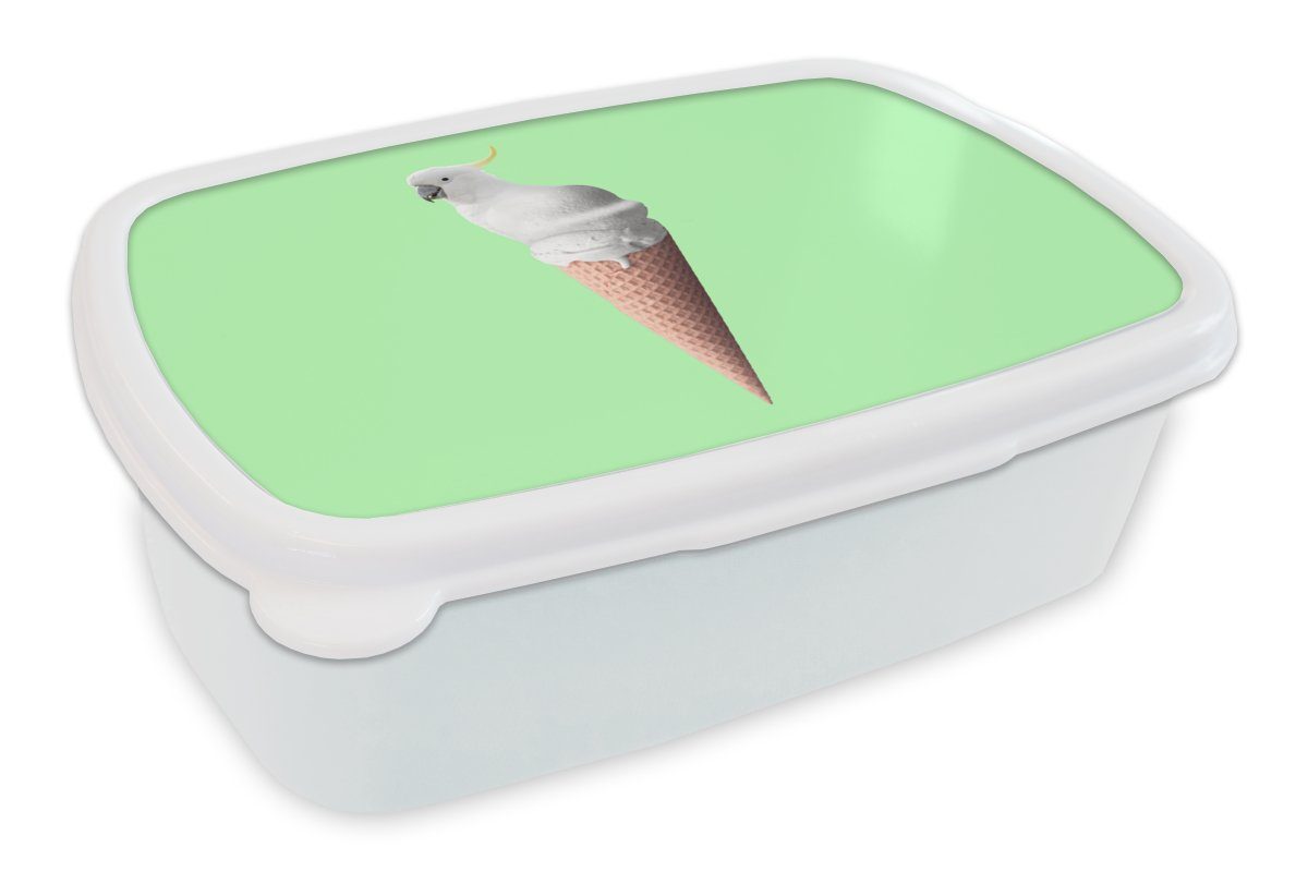 MuchoWow Lunchbox Papagei - Eistüten - Eiscreme - Weiß - Grün, Kunststoff, (2-tlg), Brotbox für Kinder und Erwachsene, Brotdose, für Jungs und Mädchen