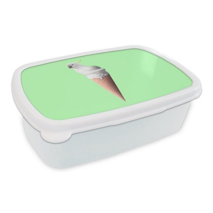 MuchoWow Lunchbox Papagei - Eistüten - Eiscreme - Weiß - Grün Kunststoff (2-tlg) Brotbox für Kinder und Erwachsene Brotdose für Jungs und Mädchen