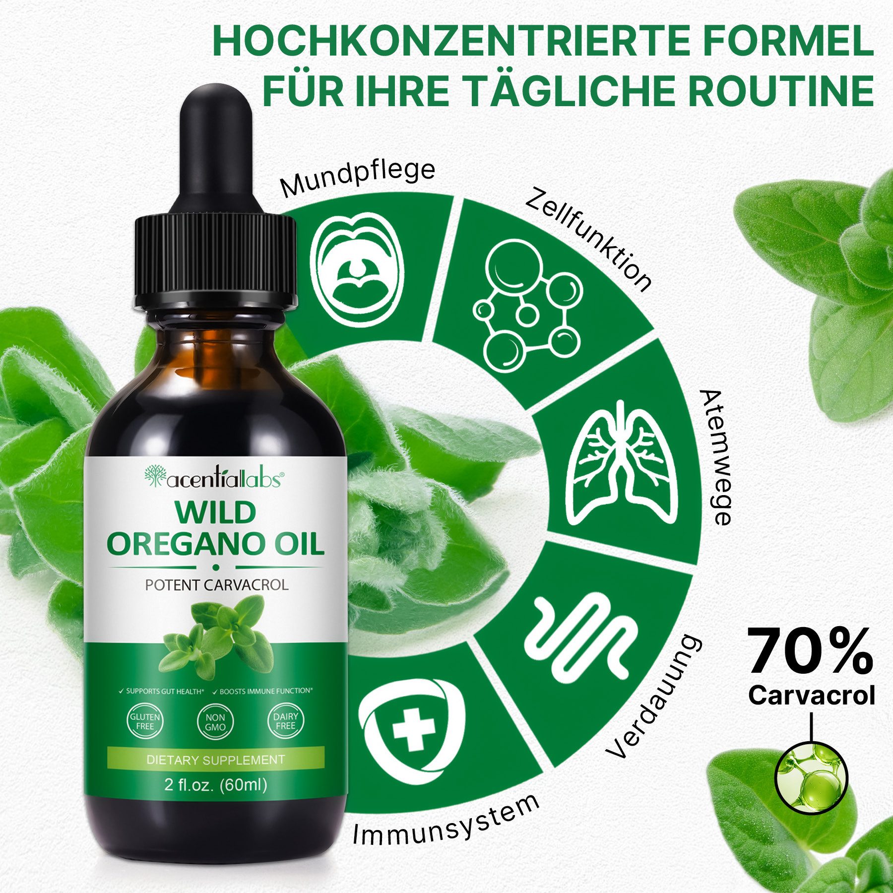 ALIVER Wildes Oregano Öl Liquid Tropfen mit Carvacrol Vegan Natur 100% Rein TROPFEN, Nahrungsergänzungsmittel, Acentiallabs, Öl, Oregano