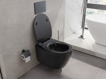 Aqua Bagno Tiefspül-WC Spülrandloses WC, Tiefspüler, mit WC-Sitz aus Duroplast, schwarz-matt, wandhängend, Montage von oben, Abgang waagerecht, WC-Set, Toilette ohne Rand