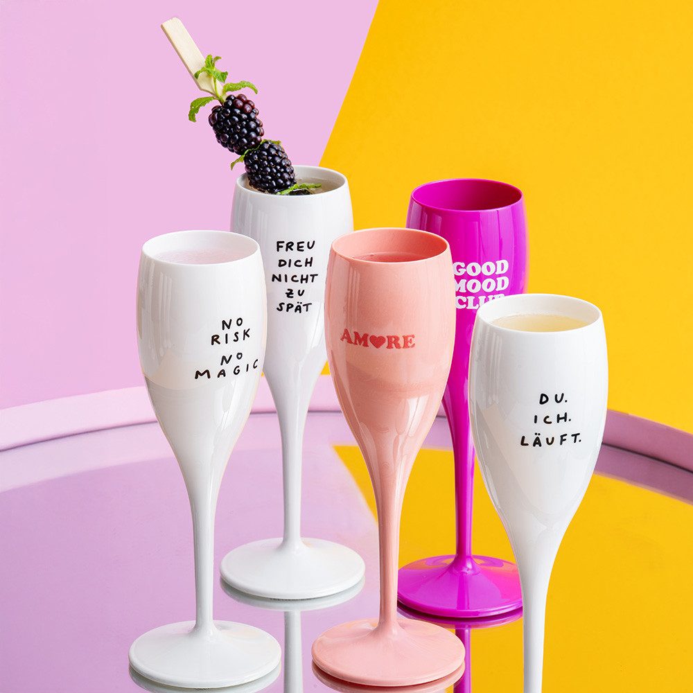 KOZIOL Sektglas CHEERS No. 1 COLOR UP Glas 100 ml mit Druck, 4 Motive, 4-tlg., Kunststoff, spülmaschinengeeignet